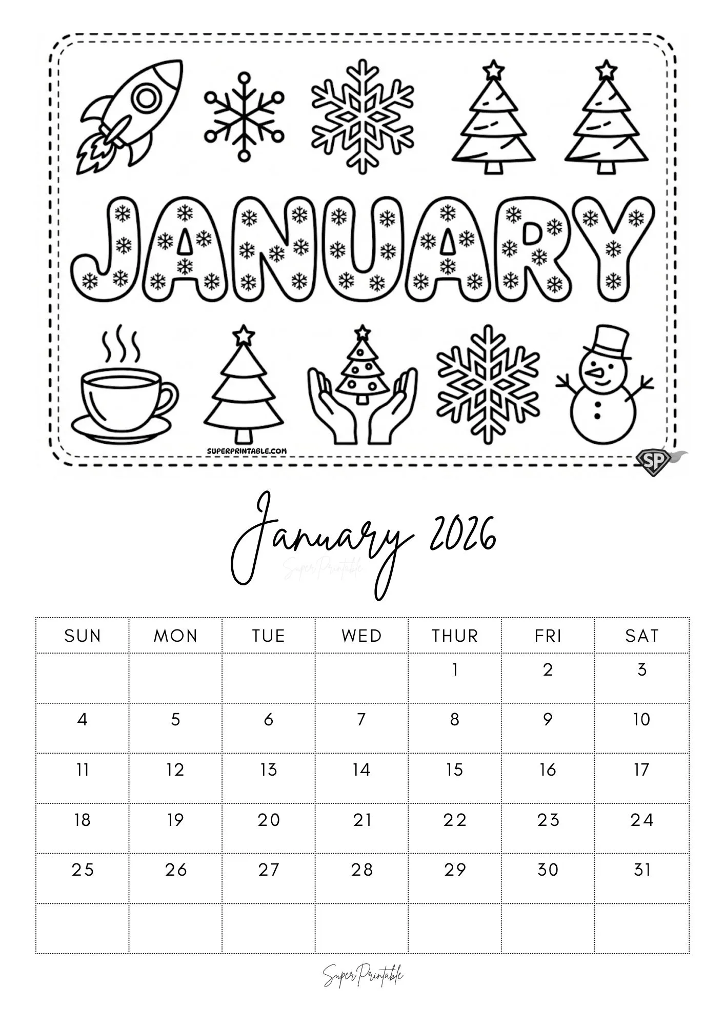 2026 Cozy Seasons Coloring Calendar 1