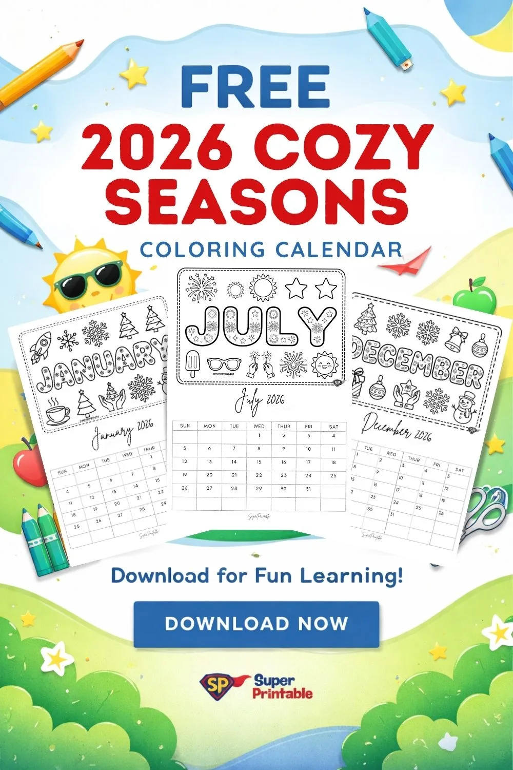 2026 Cozy Seasons Coloring Calendar Pinterest Image