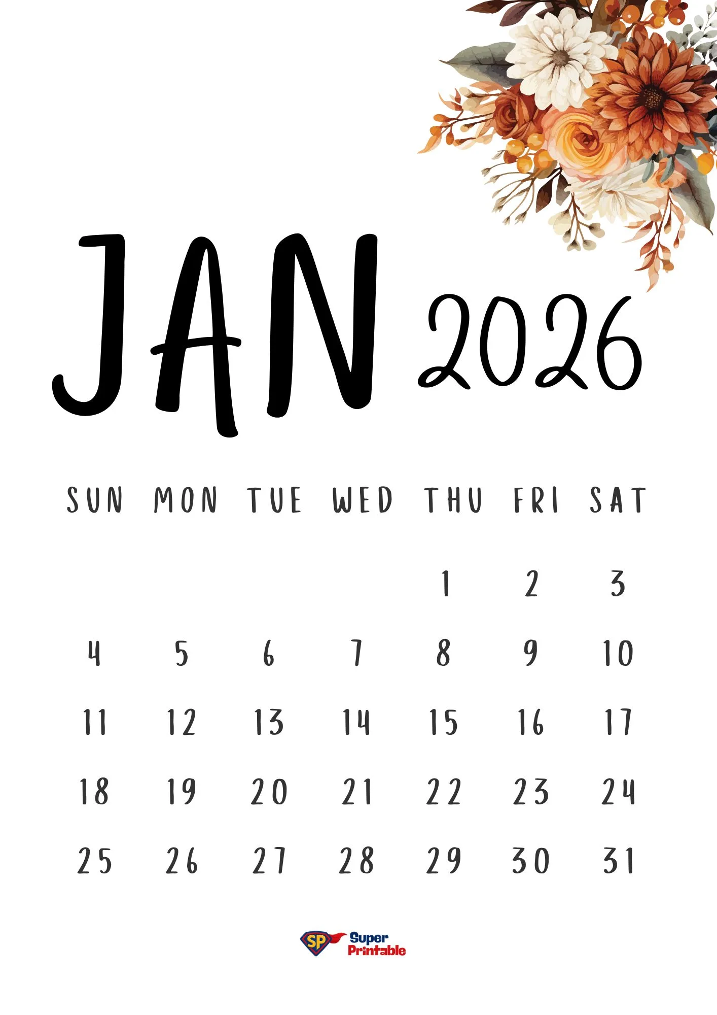 2026 Floral Calendar Printable 1