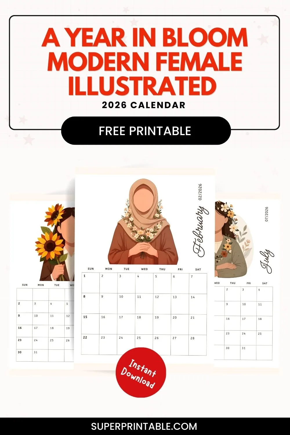 A Year In Bloom Modern Female Illustrated 2026 Calendar Pinterest Image