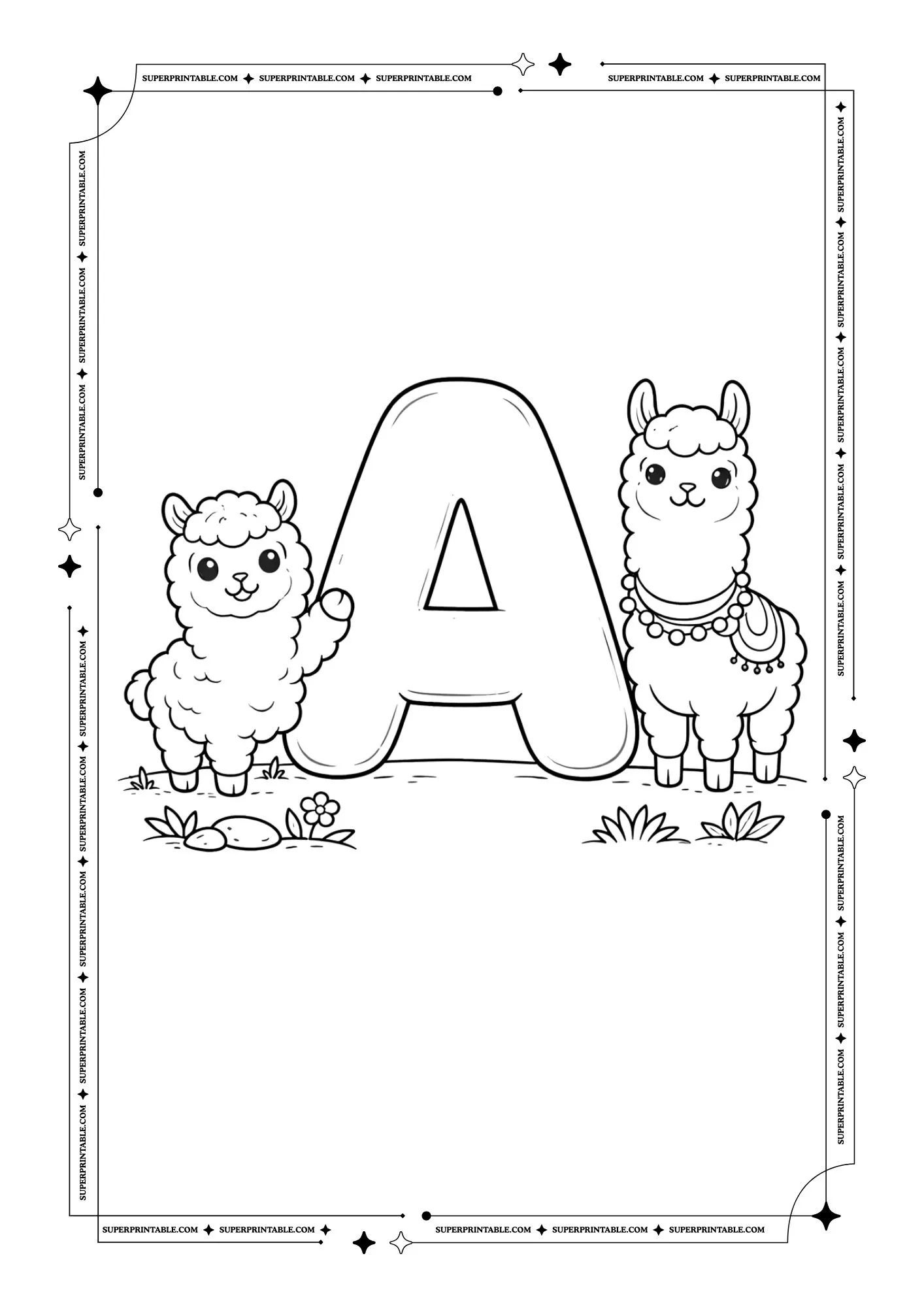 Alpaca & Llama Alphabet Coloring Pages 1