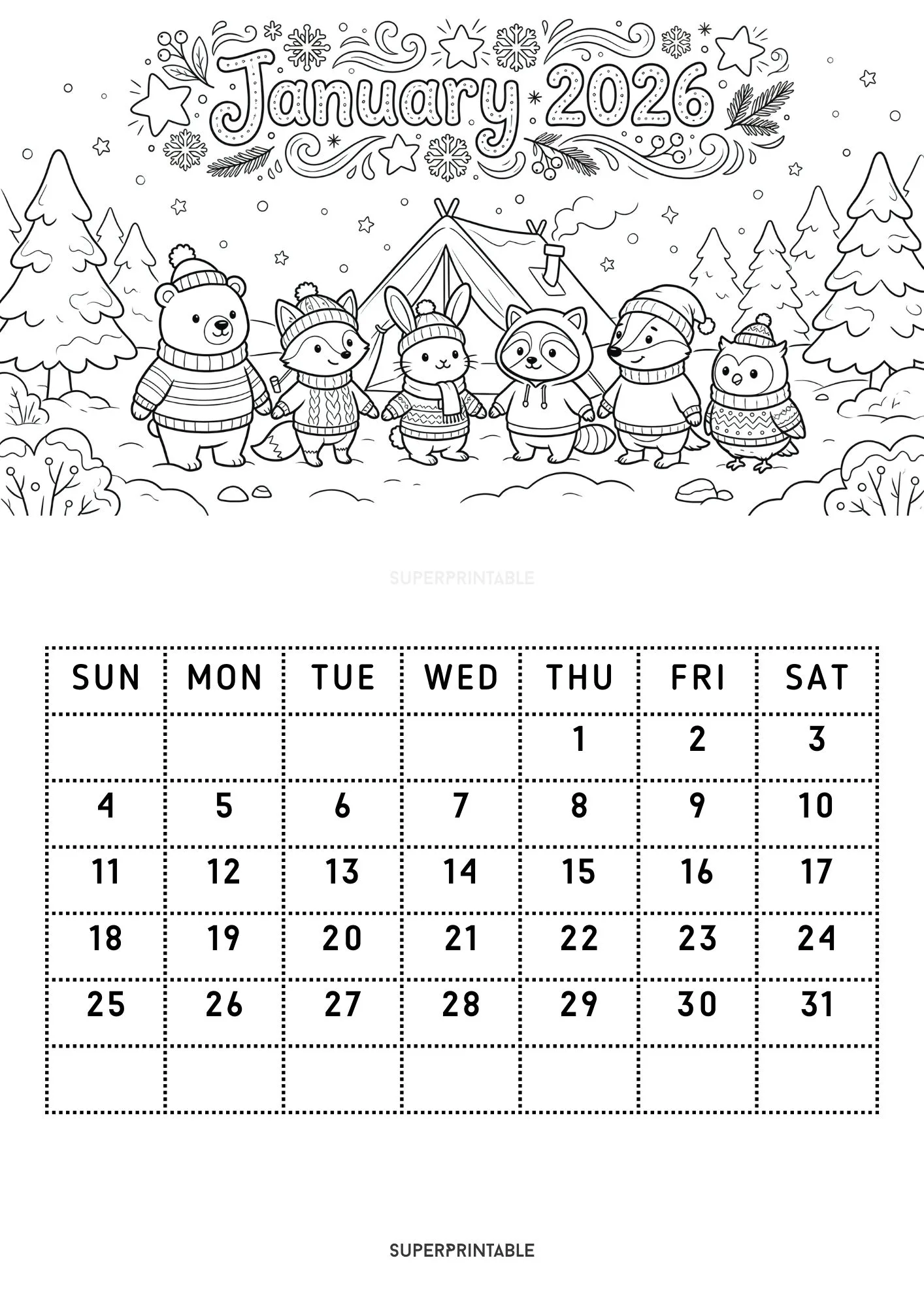 Cozy 2026 Coloring Calendar Printable for Kids 1