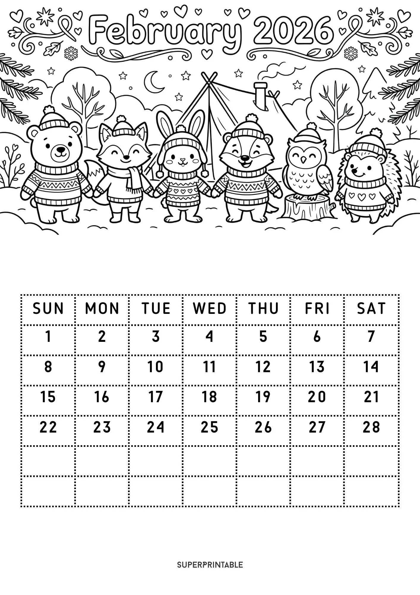 Cozy 2026 Coloring Calendar Printable for Kids 2