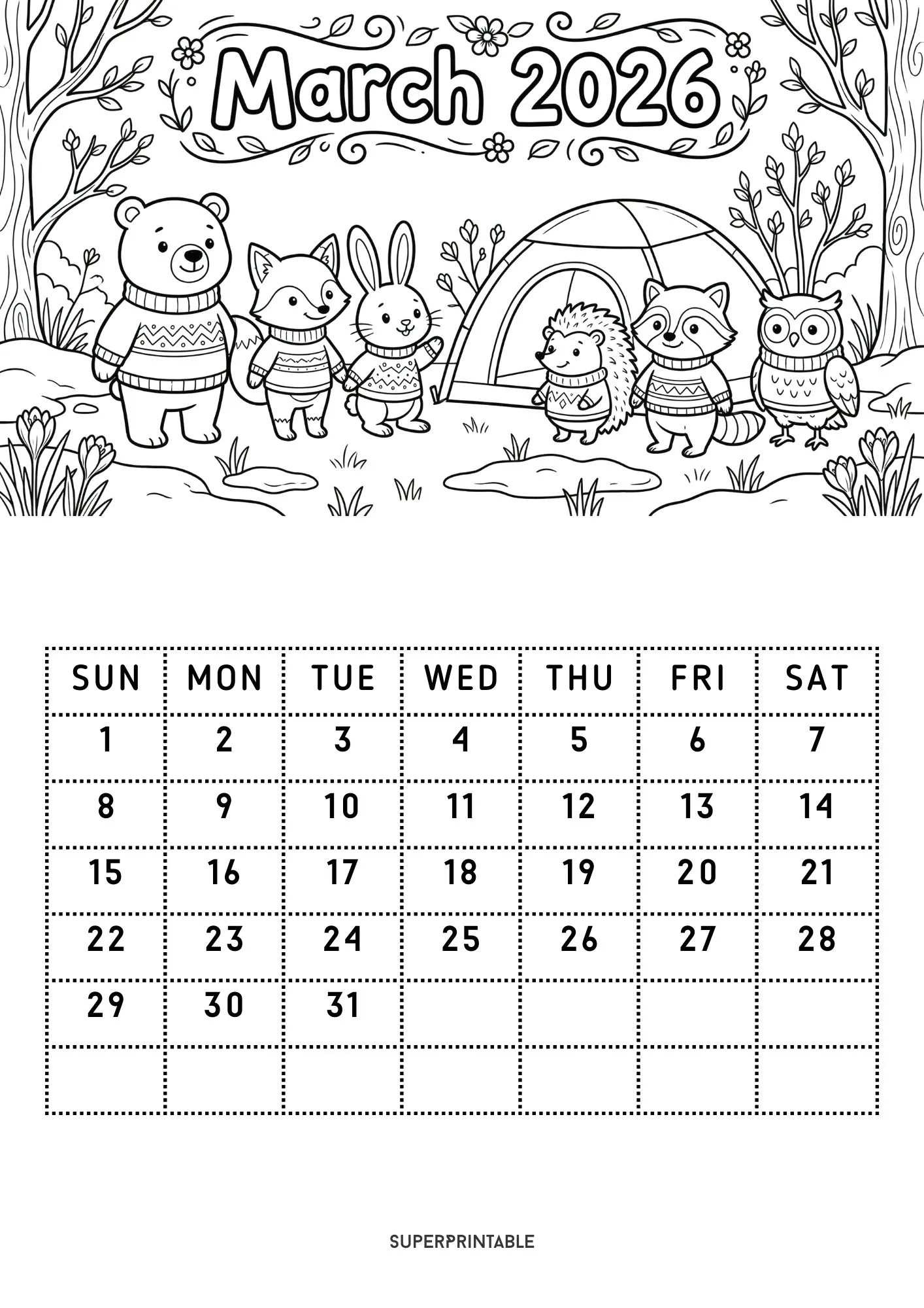 Cozy 2026 Coloring Calendar Printable for Kids 3