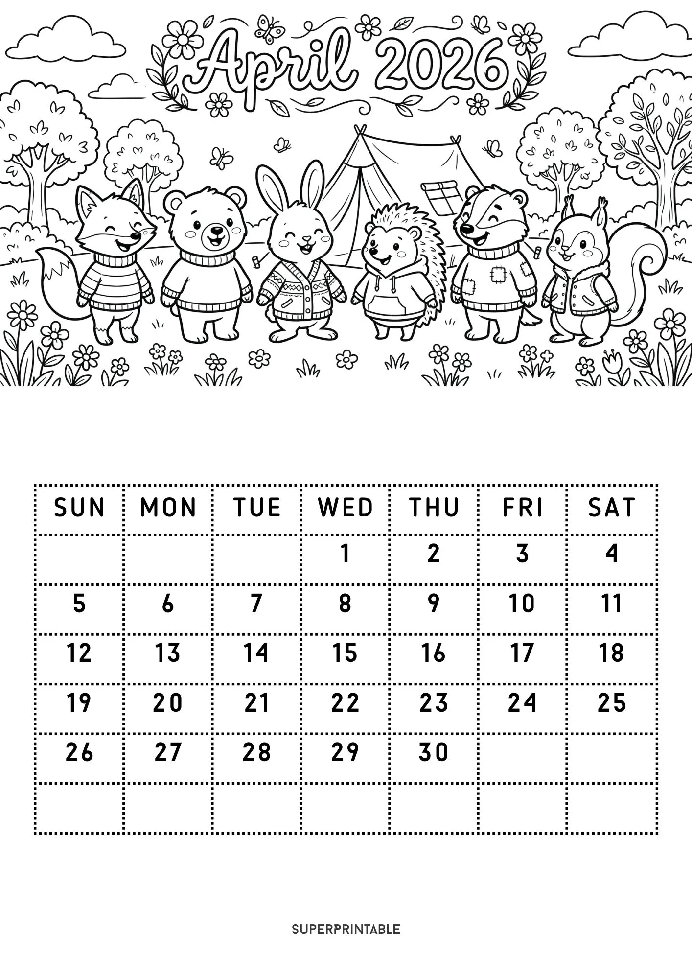 Cozy 2026 Coloring Calendar Printable for Kids 4