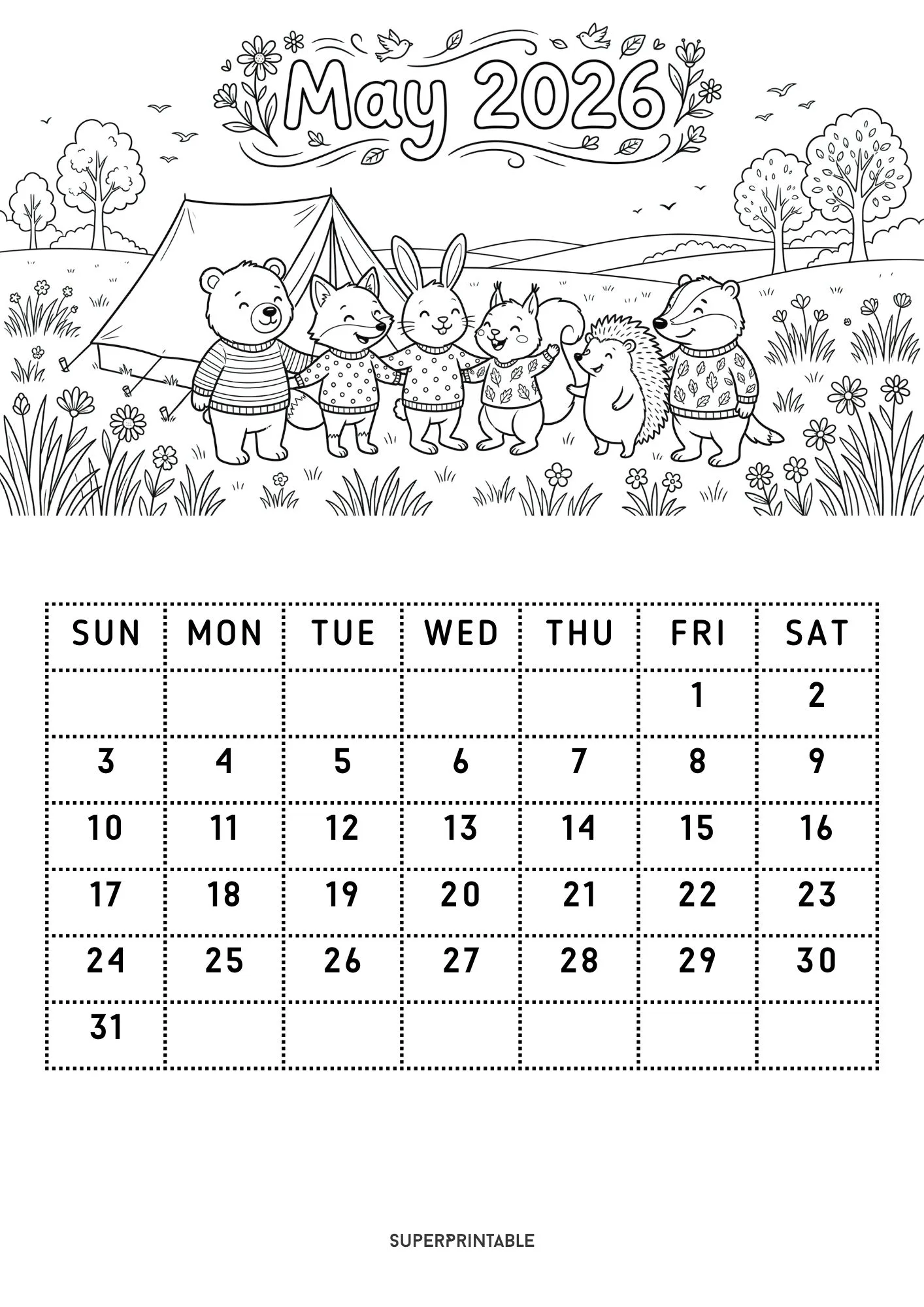 Cozy 2026 Coloring Calendar Printable for Kids 5