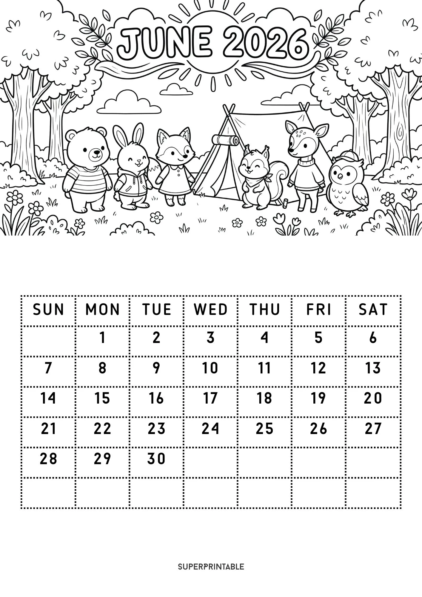 Cozy 2026 Coloring Calendar Printable for Kids 6