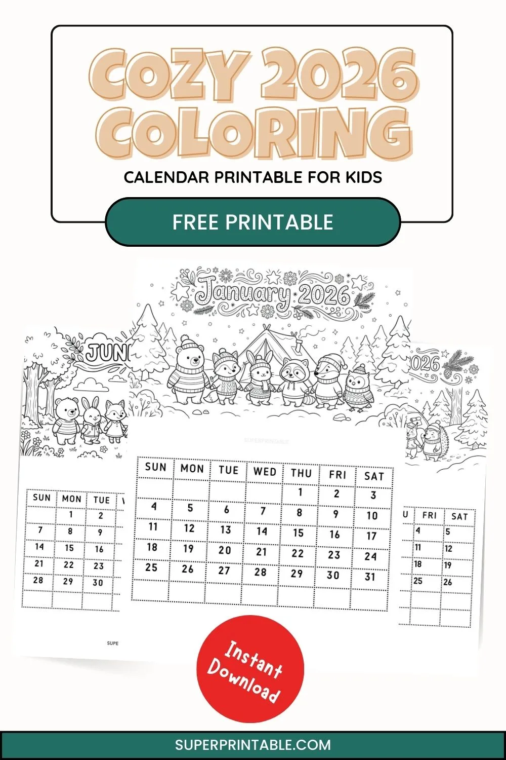 Cozy 2026 Coloring Calendar Printable for Kids Pinterest Image
