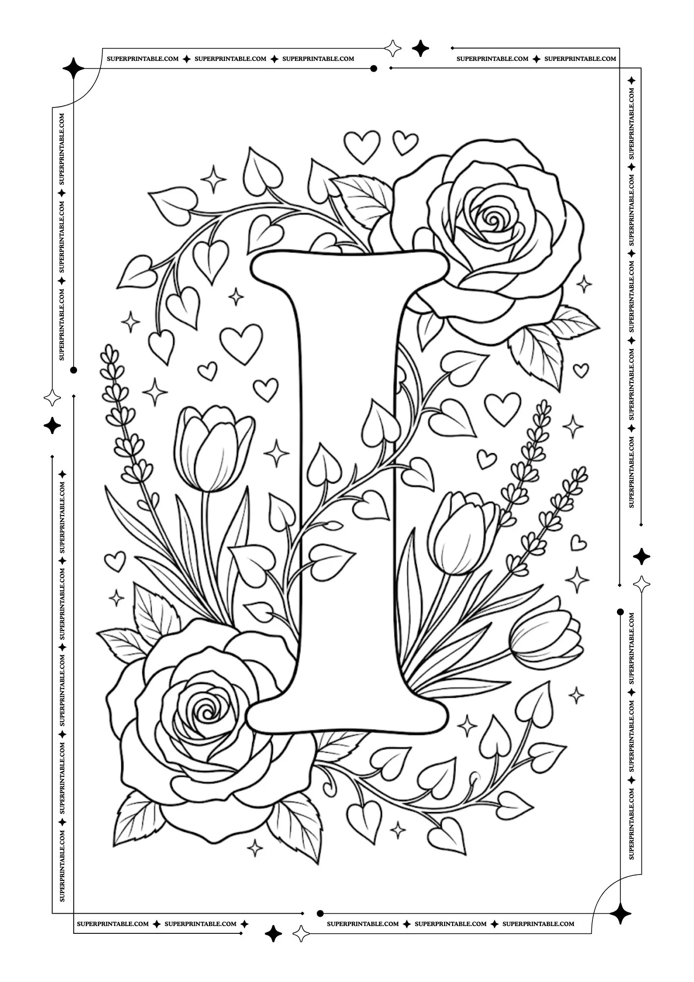 Floral Roses Alphabet Coloring Pages 9
