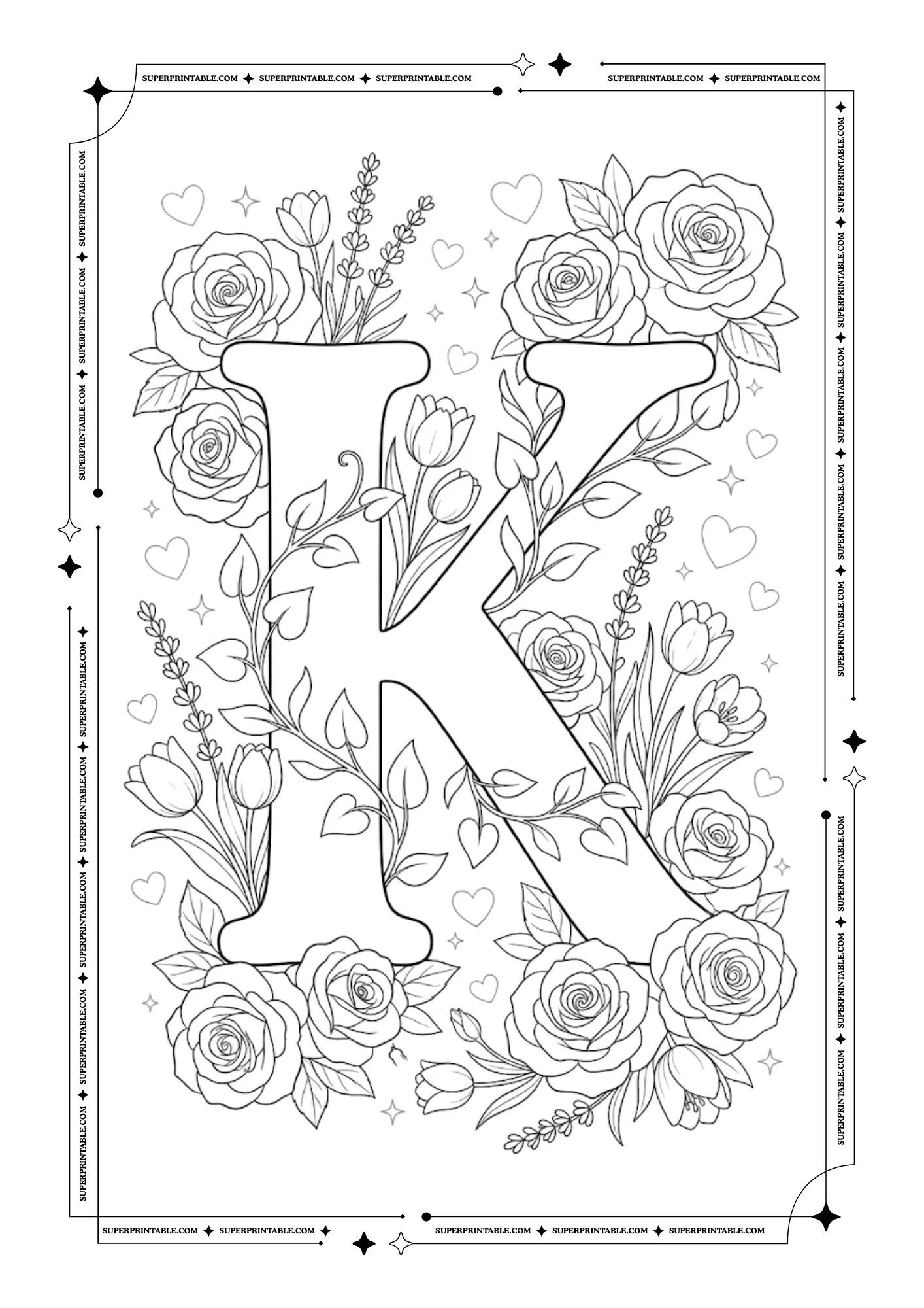 Floral Roses Alphabet Coloring Pages 11
