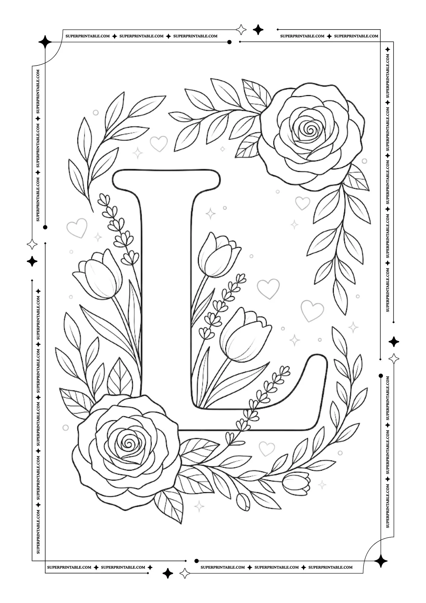 Floral Roses Alphabet Coloring Pages 12