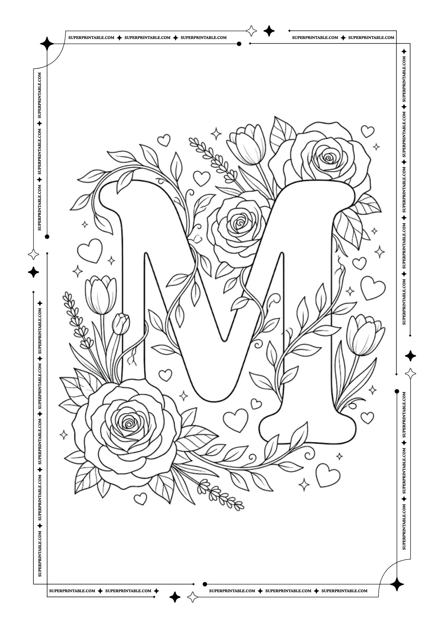 Floral Roses Alphabet Coloring Pages 13