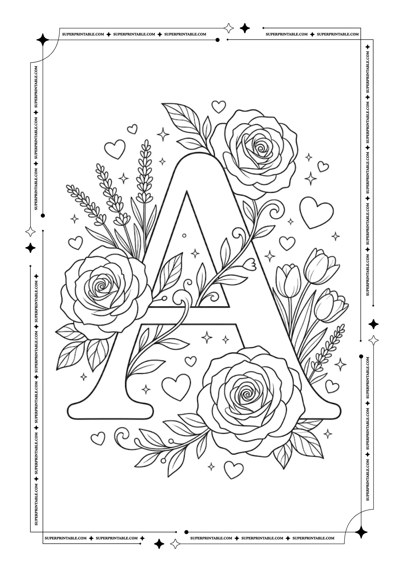 Floral Roses Alphabet Coloring Pages 1