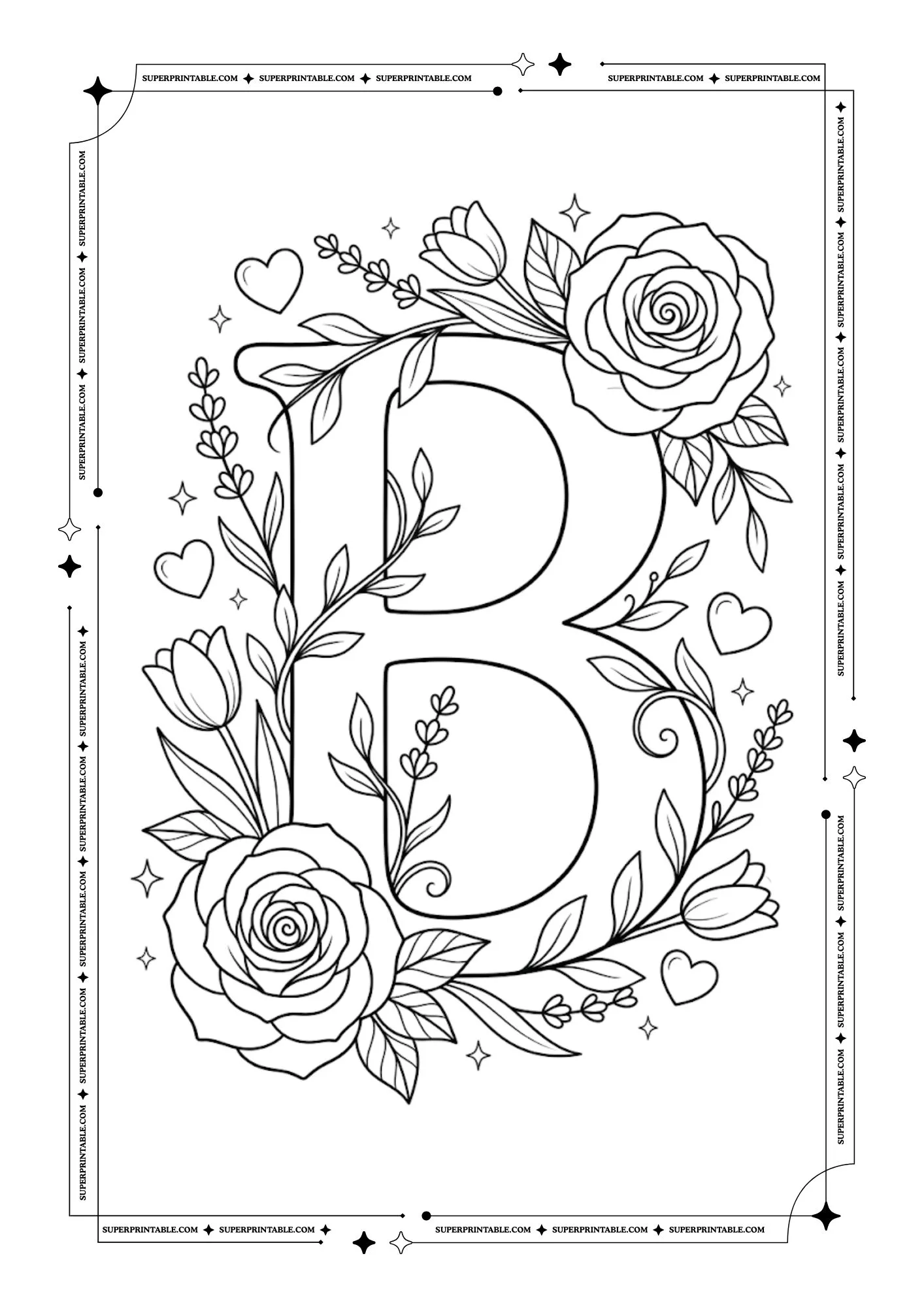 Floral Roses Alphabet Coloring Pages 2