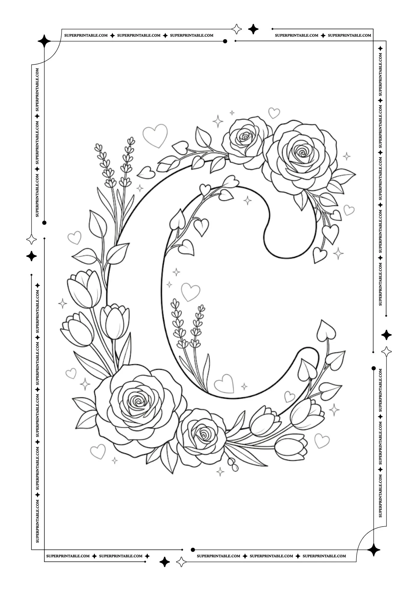 Floral Roses Alphabet Coloring Pages 3