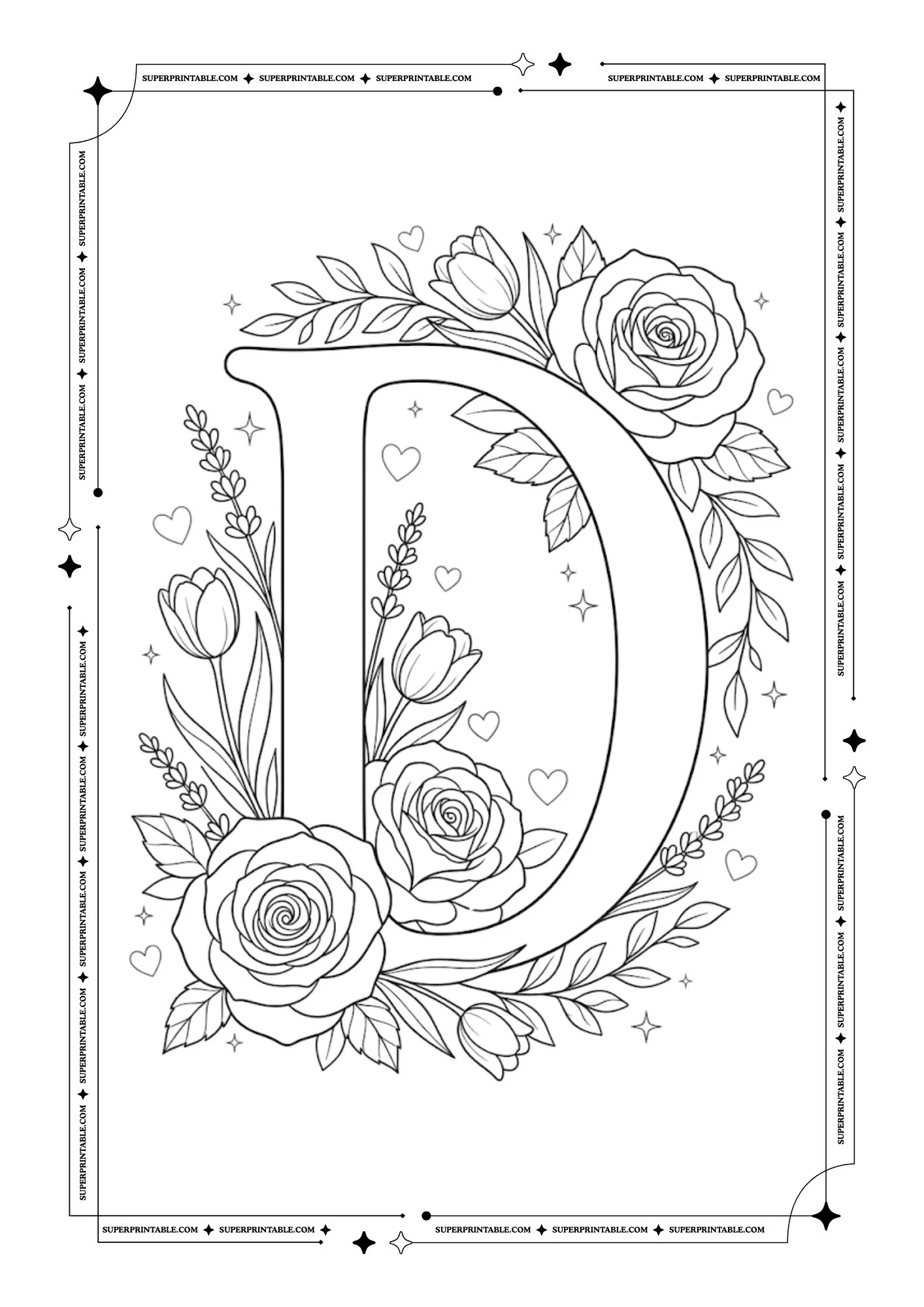 Floral Roses Alphabet Coloring Pages 4