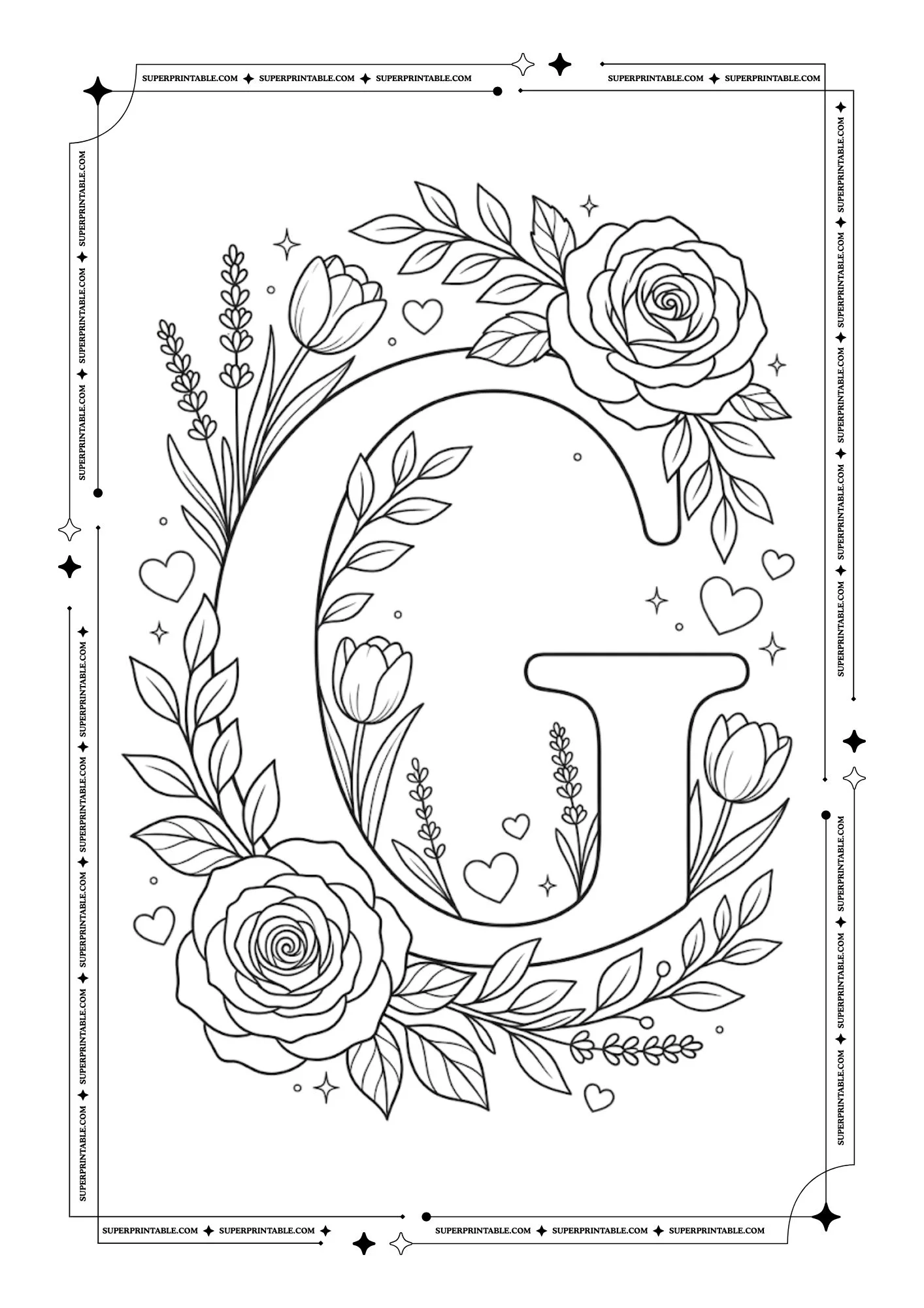 Floral Roses Alphabet Coloring Pages 7