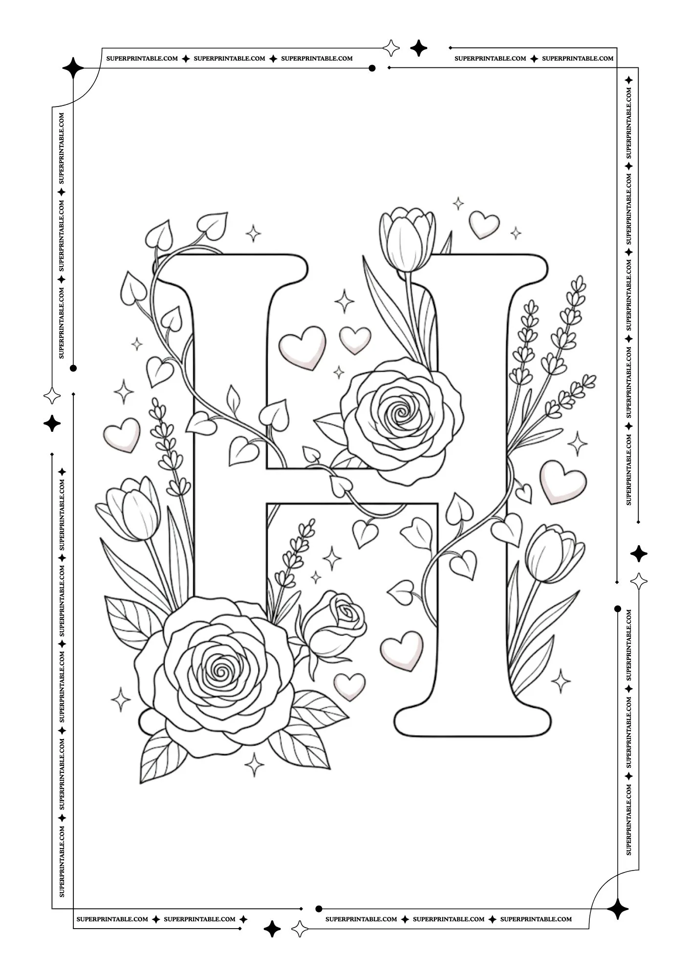 Floral Roses Alphabet Coloring Pages 8