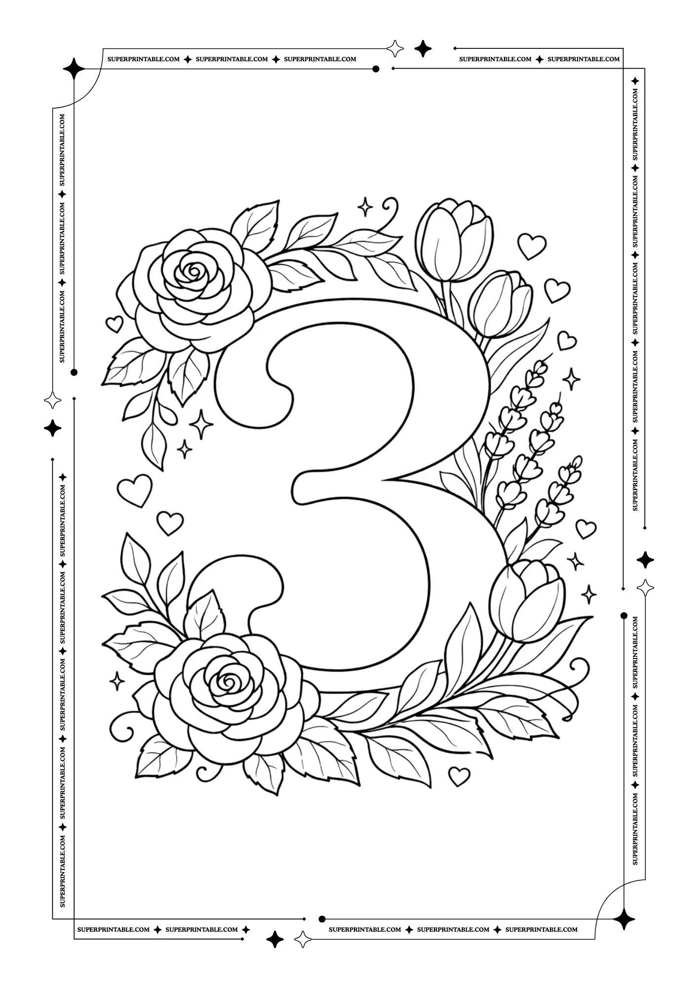 Floral Roses Numbers Coloring Pages 4