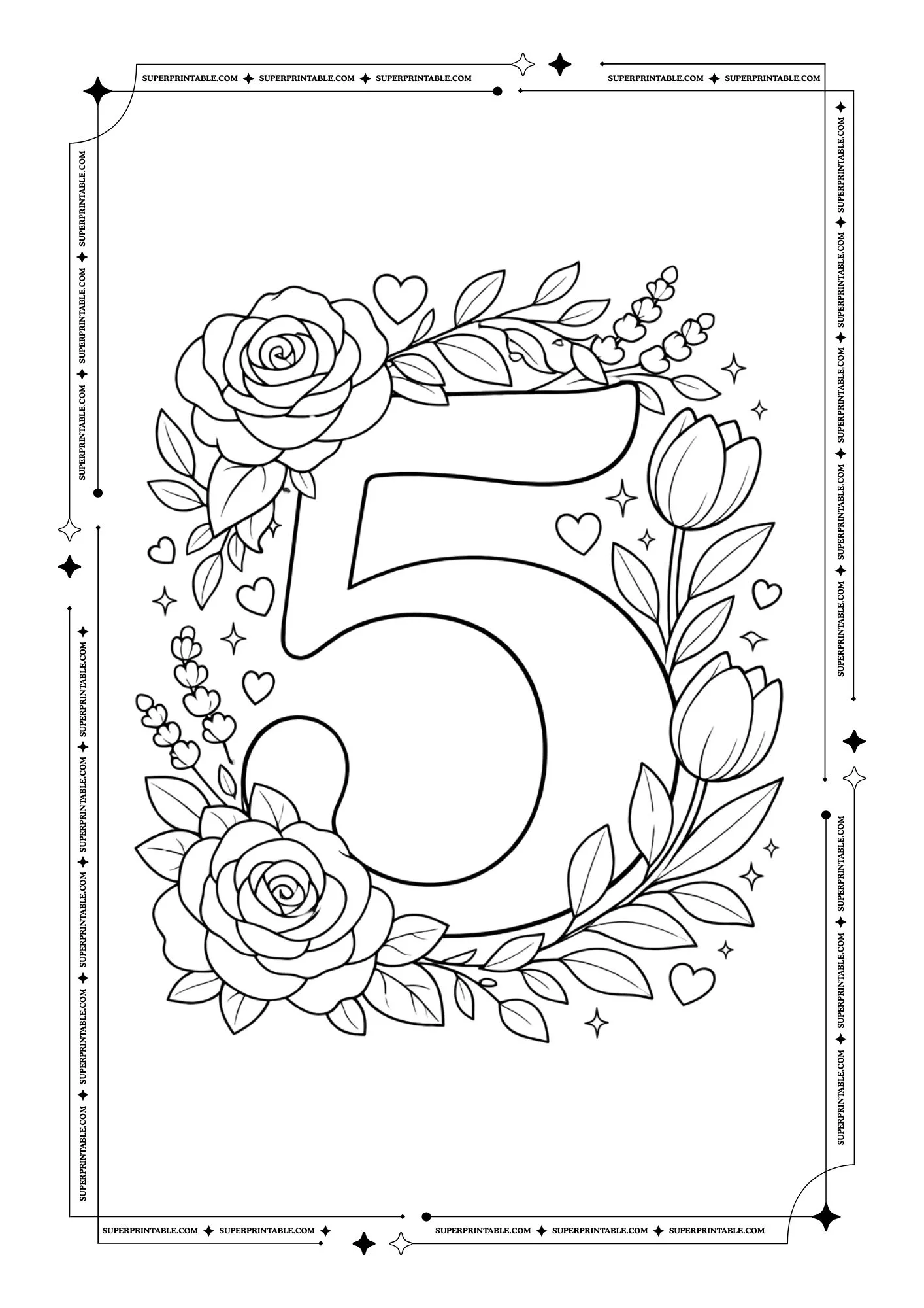 Floral Roses Numbers Coloring Pages 6