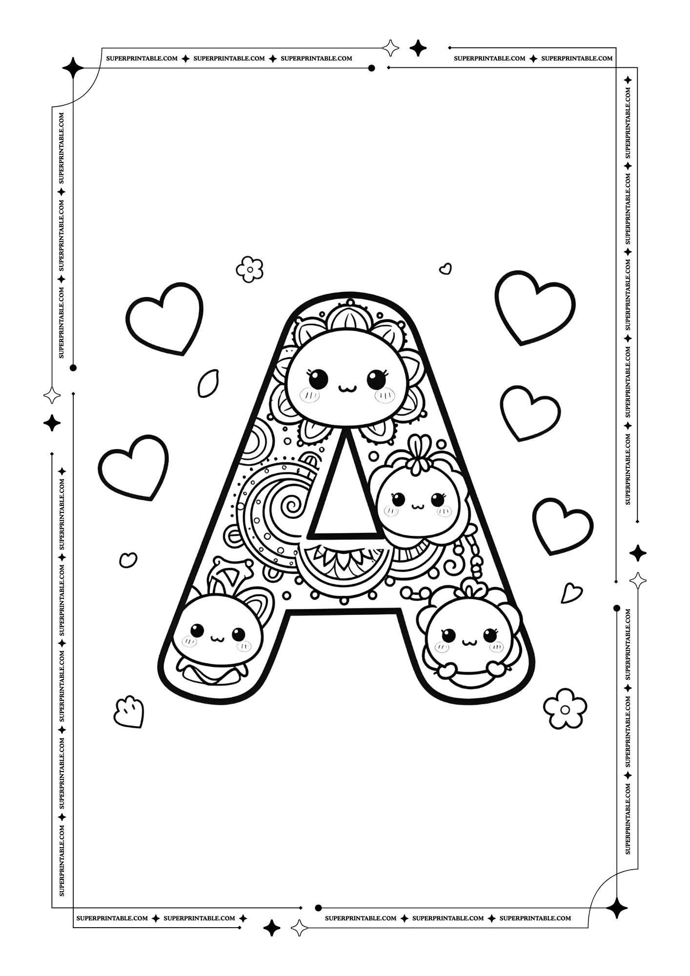 Kawaii Valentine Mandala Alphabet Coloring Pages For Kids 1