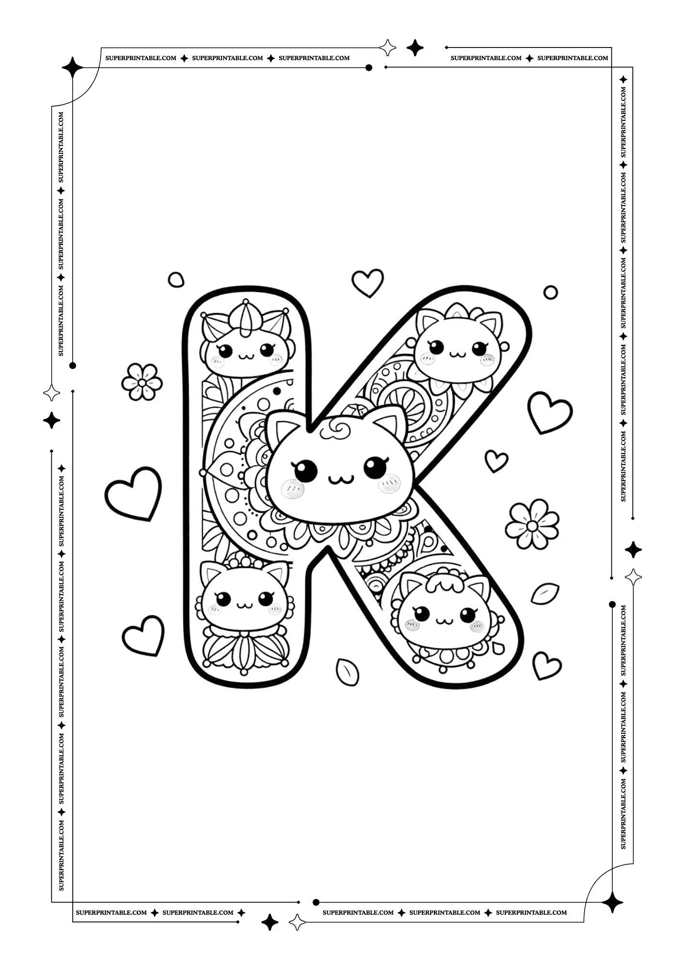 Kawaii Valentine Mandala Alphabet Coloring Pages For Kids 11