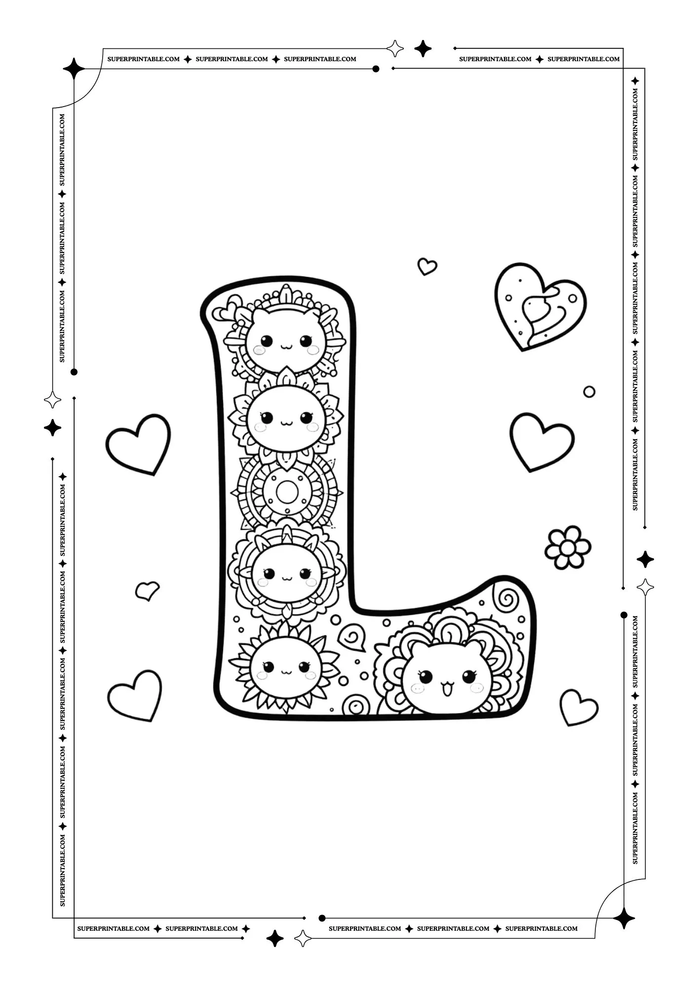 Kawaii Valentine Mandala Alphabet Coloring Pages For Kids 12