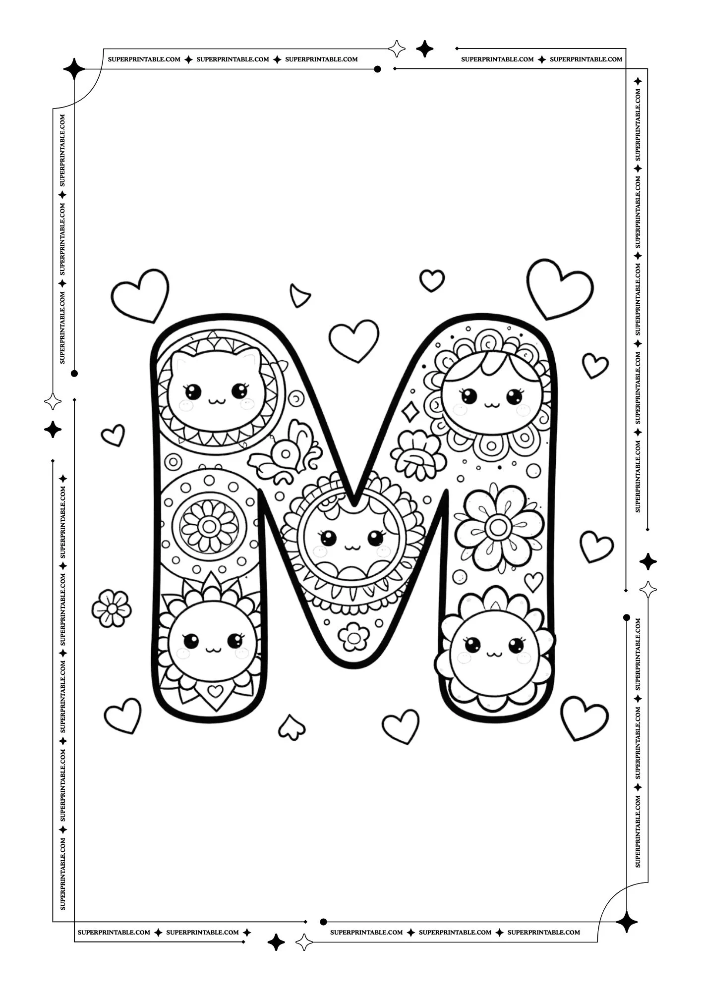 Kawaii Valentine Mandala Alphabet Coloring Pages For Kids 13