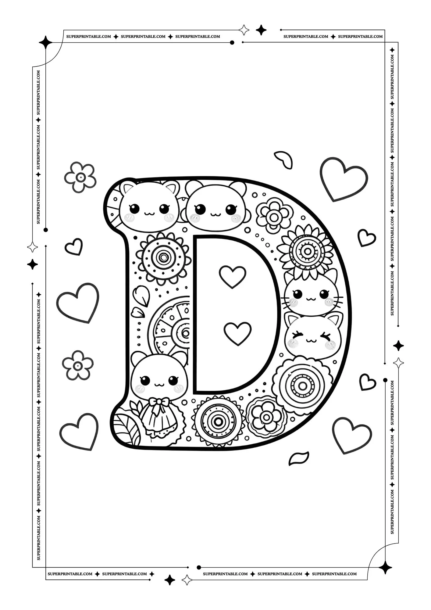 Kawaii Valentine Mandala Alphabet Coloring Pages For Kids 4