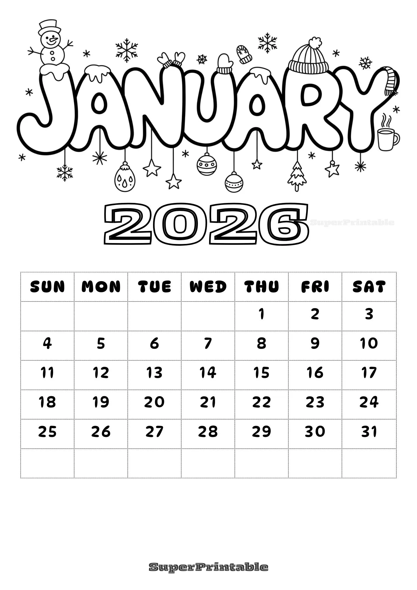 Simple Cute Monthly Coloring Calendar for Kids 1