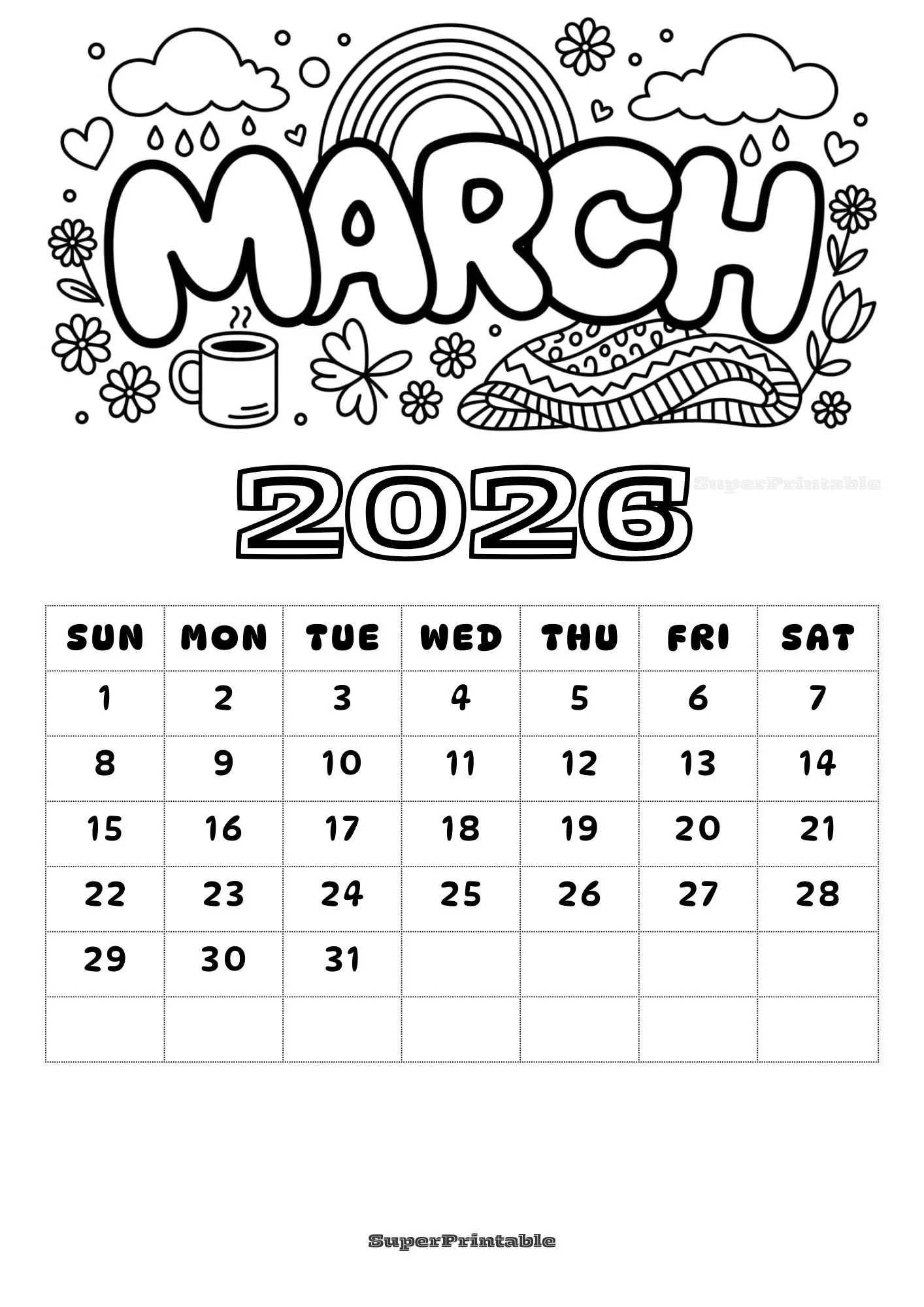 Simple Cute Monthly Coloring Calendar for Kids 3