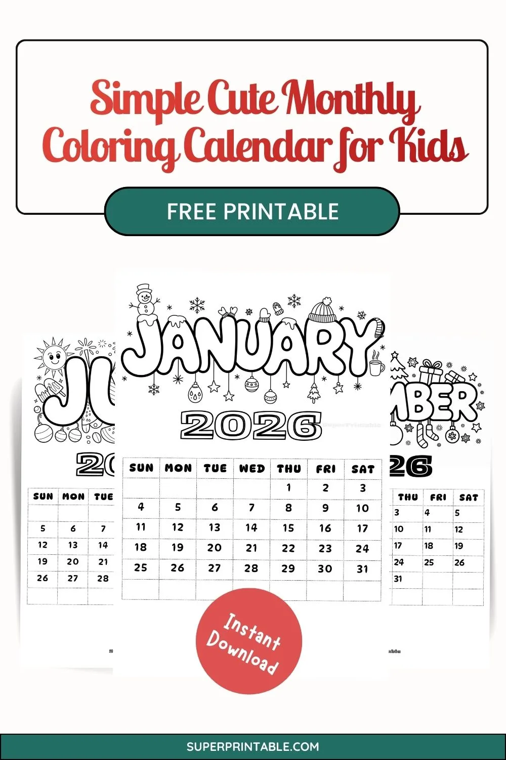 Simple Cute Monthly Coloring Calendar for Kids Pinterest Image