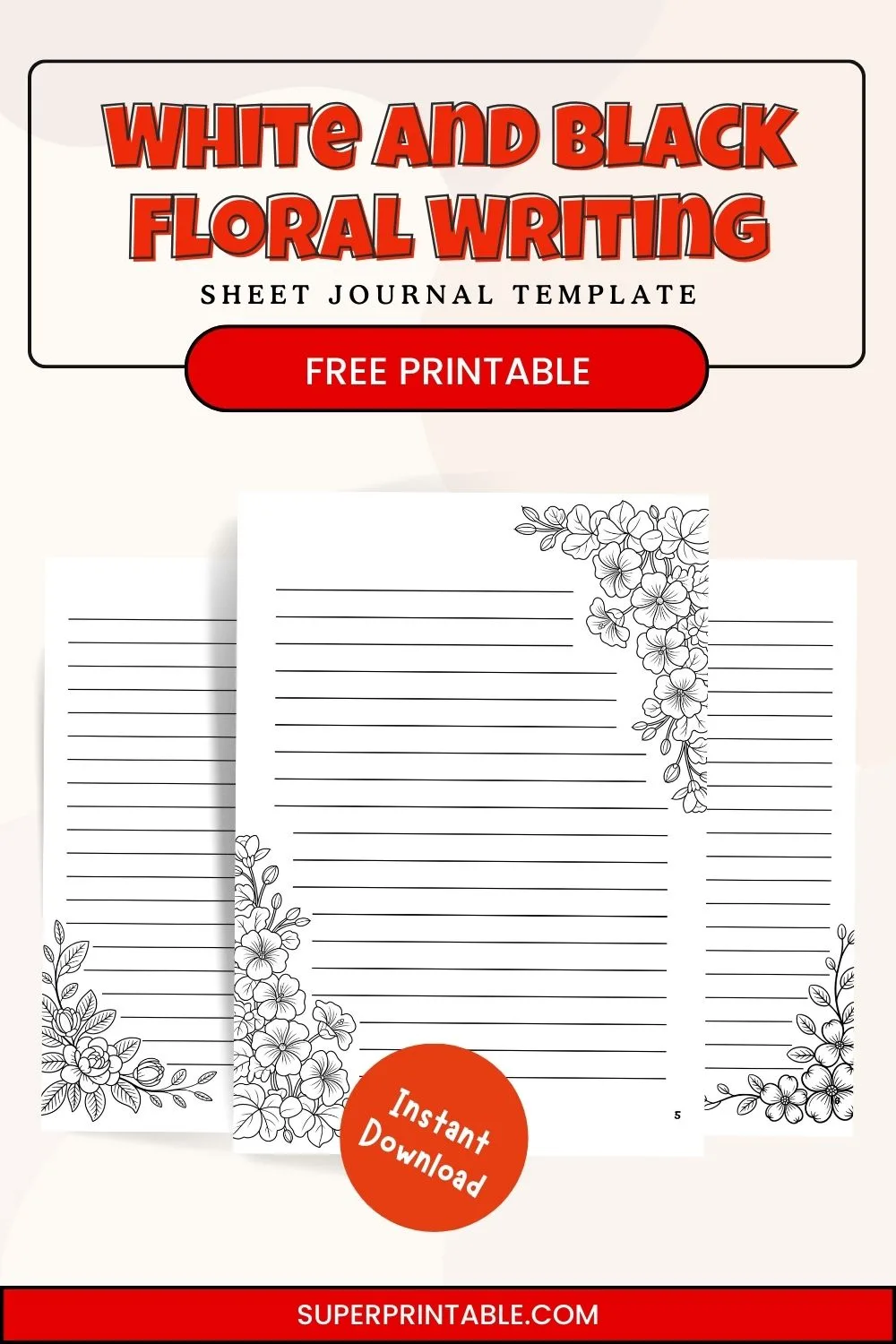 White and Black Floral Writing Sheet Journal Pinterest Image