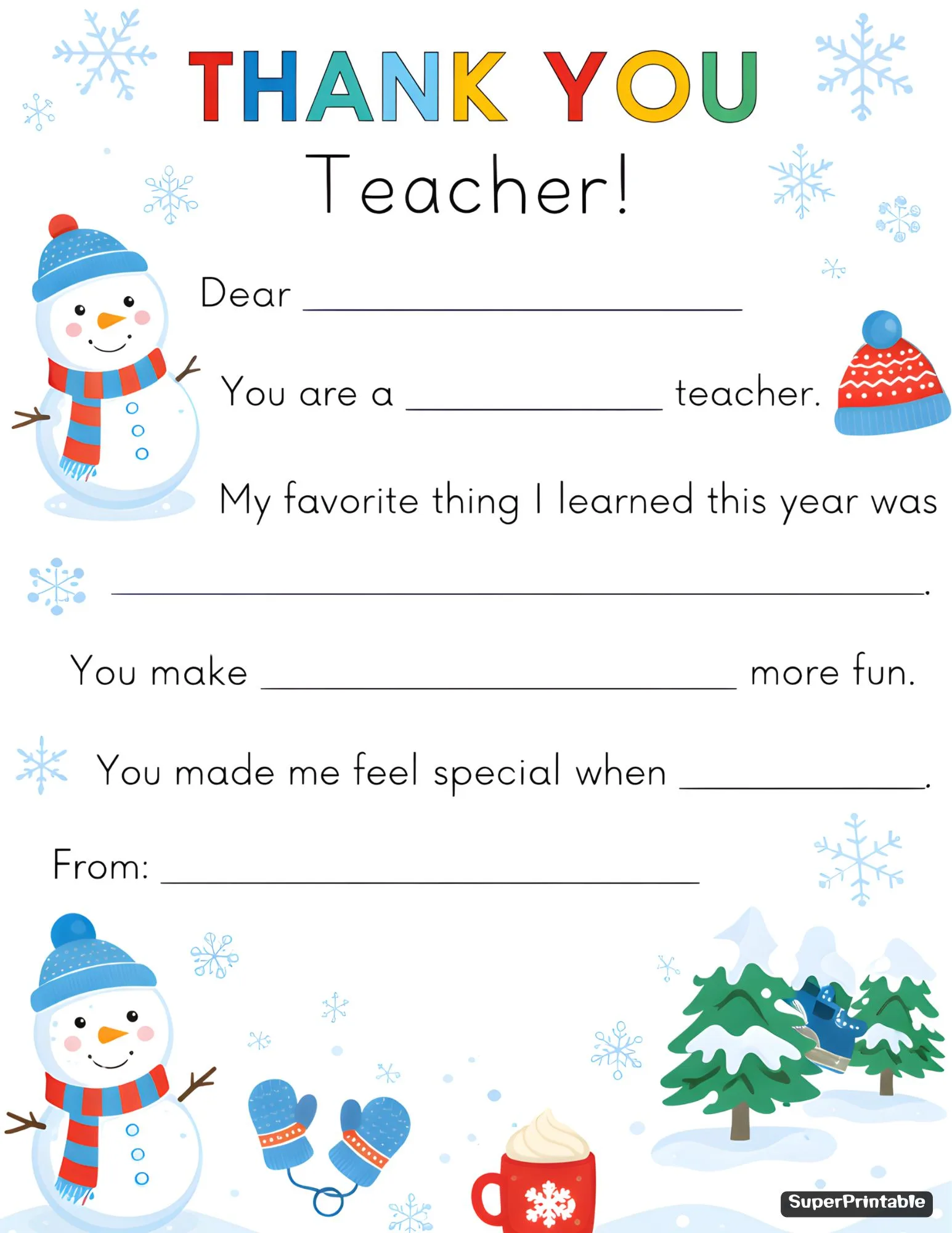 Winter Thank You Teacher Printable 1