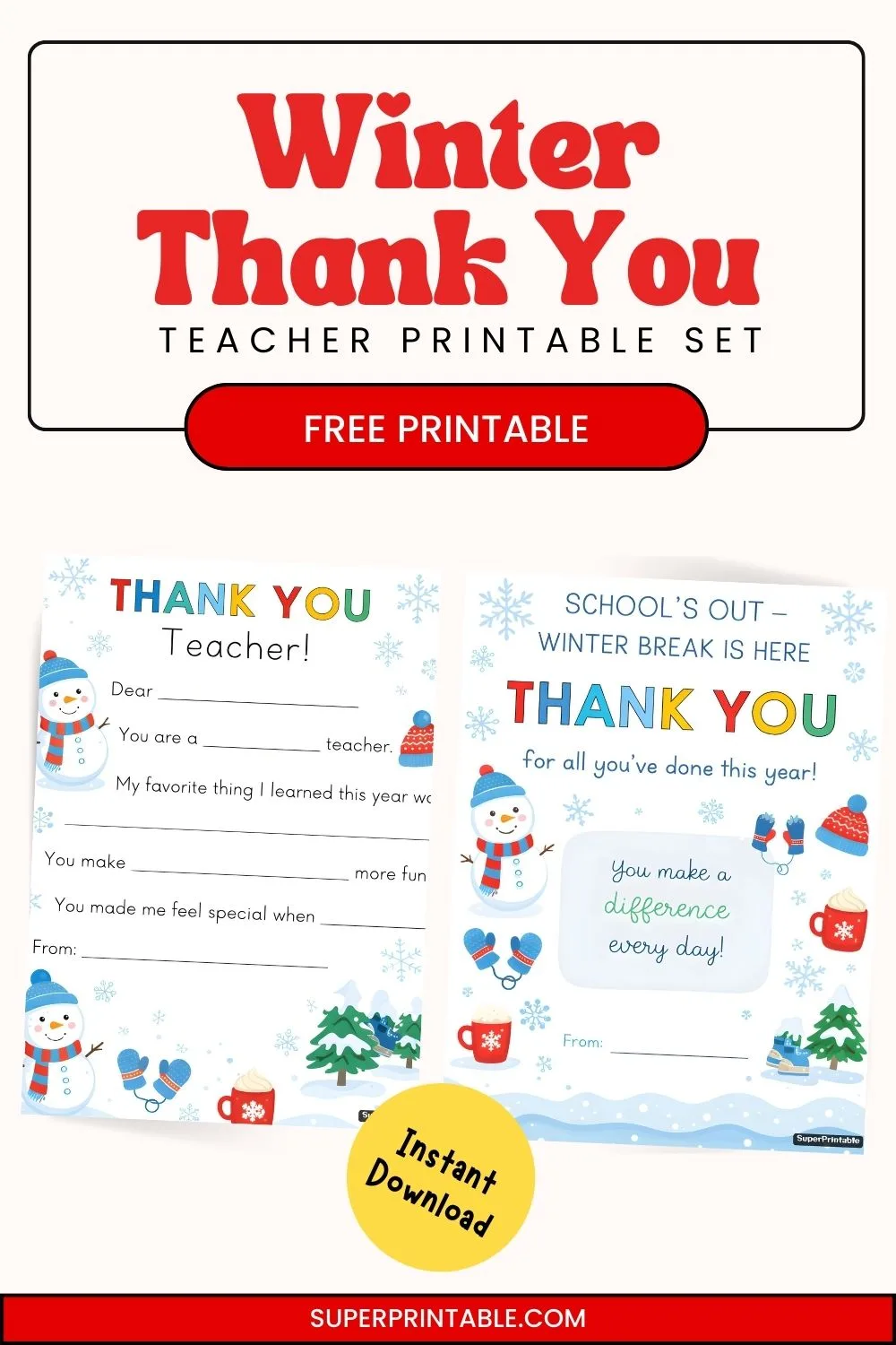 Winter Thank You Teacher Printable Pinterest Image