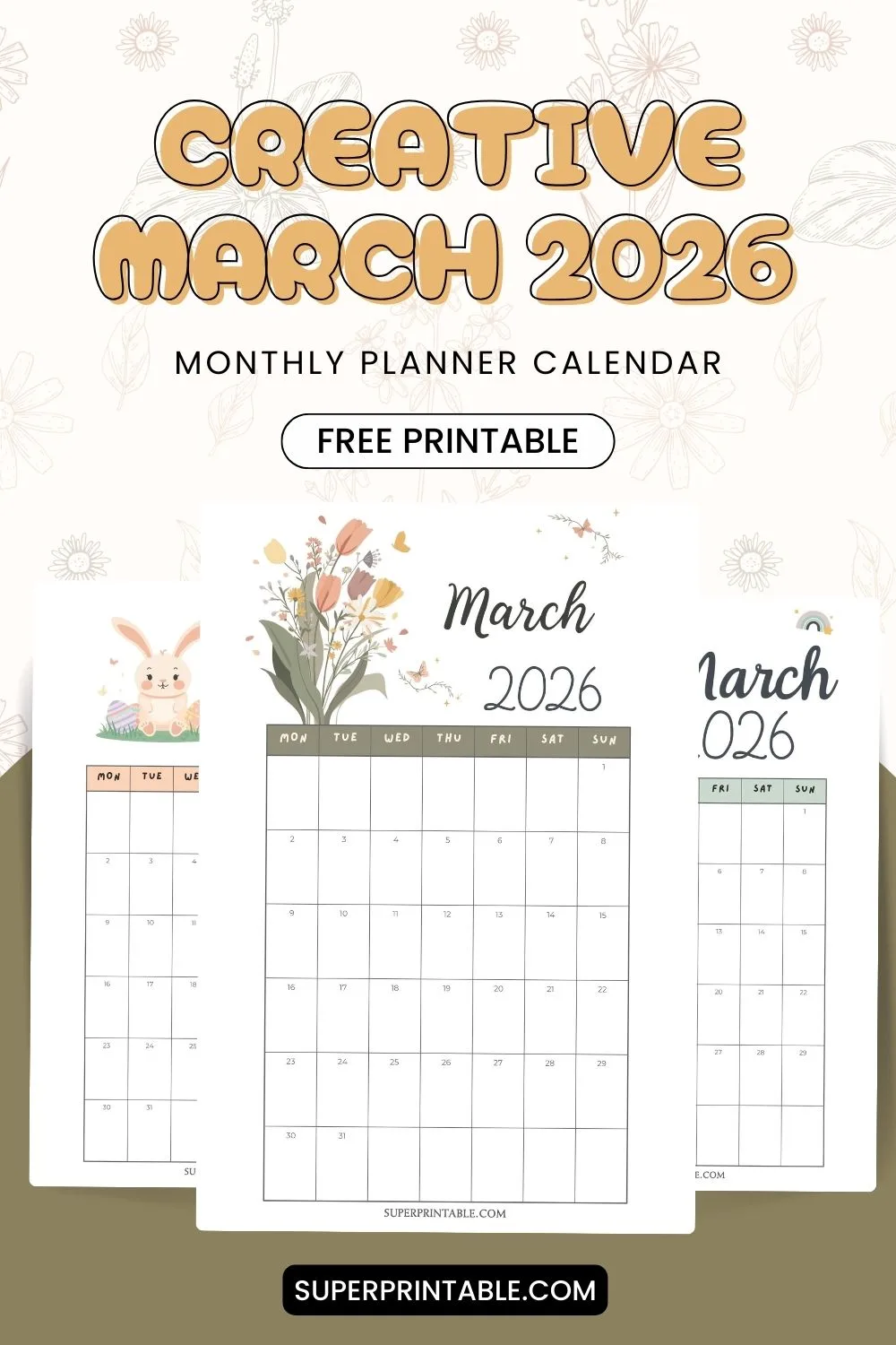 Creative March 2026 Monthly Planner Calendar Pinterest Image