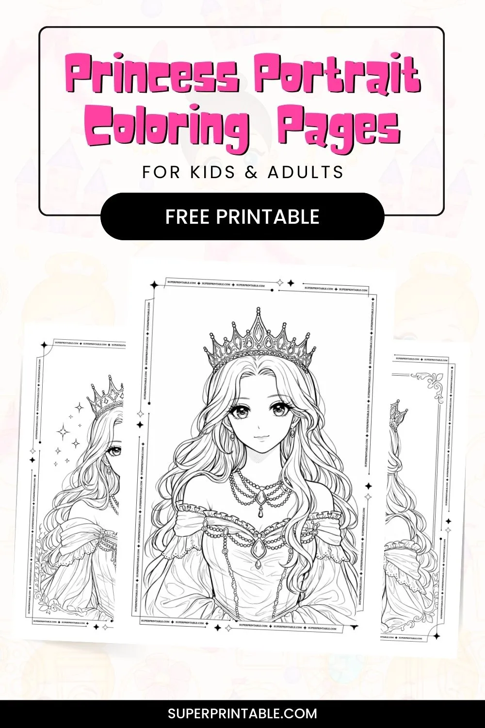 Princess Portrait Coloring Pages For Kids & Adults Pinterest Image