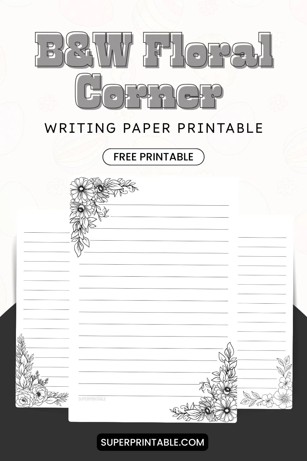 10+ Black and White Floral Corner Writing Paper Printable Pinterest Image