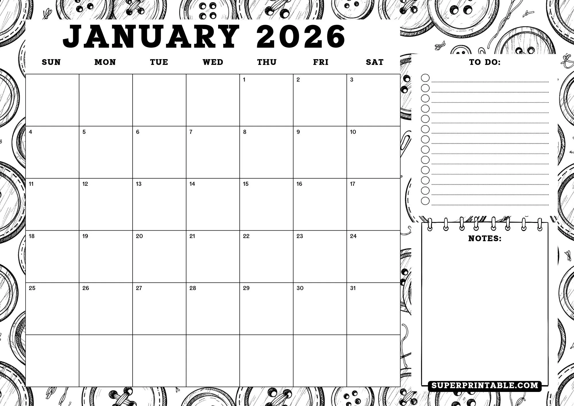 2026 Sewing Button Coloring Calendar With Planner Landscape 1