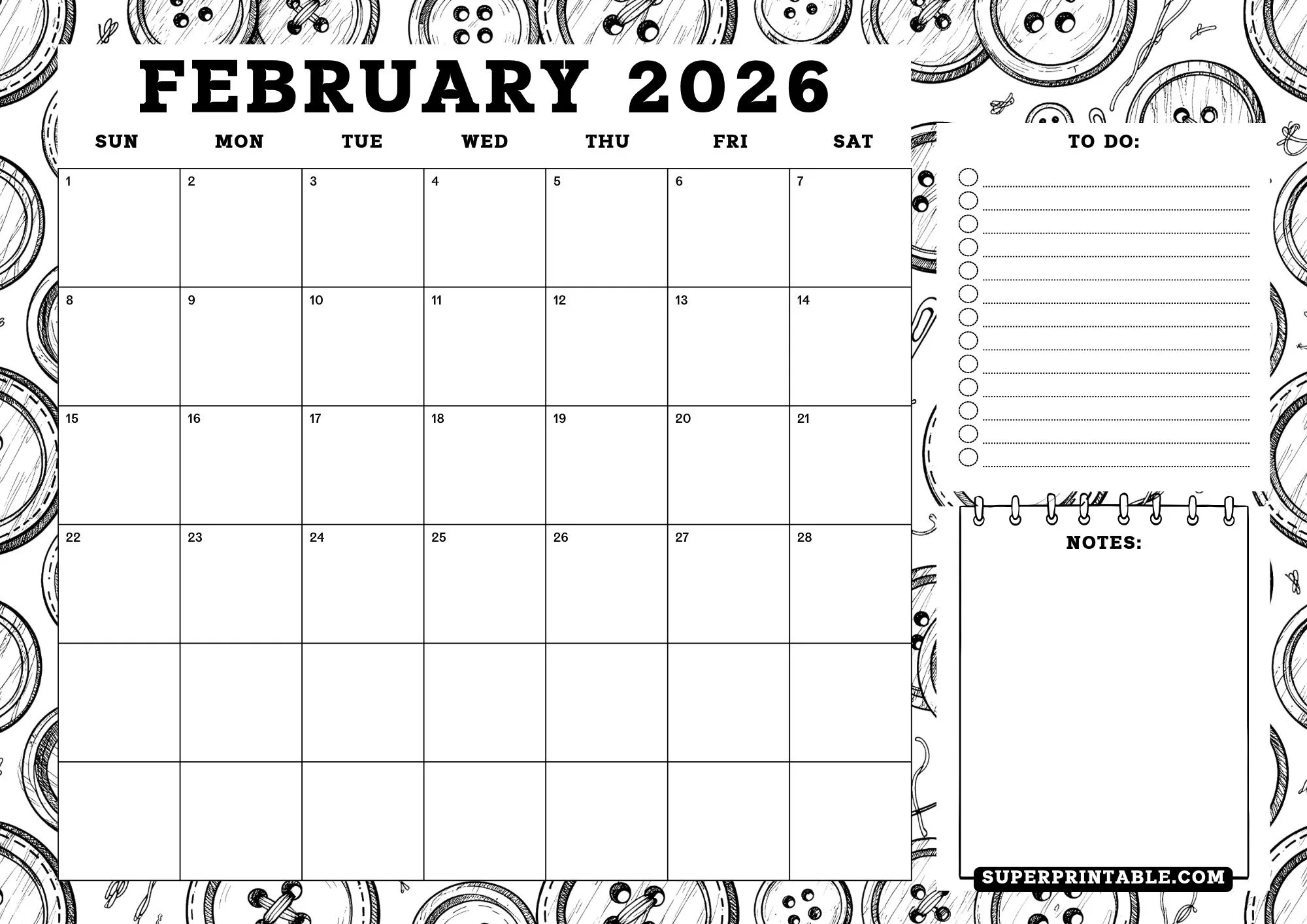 2026 Sewing Button Coloring Calendar With Planner Landscape 2