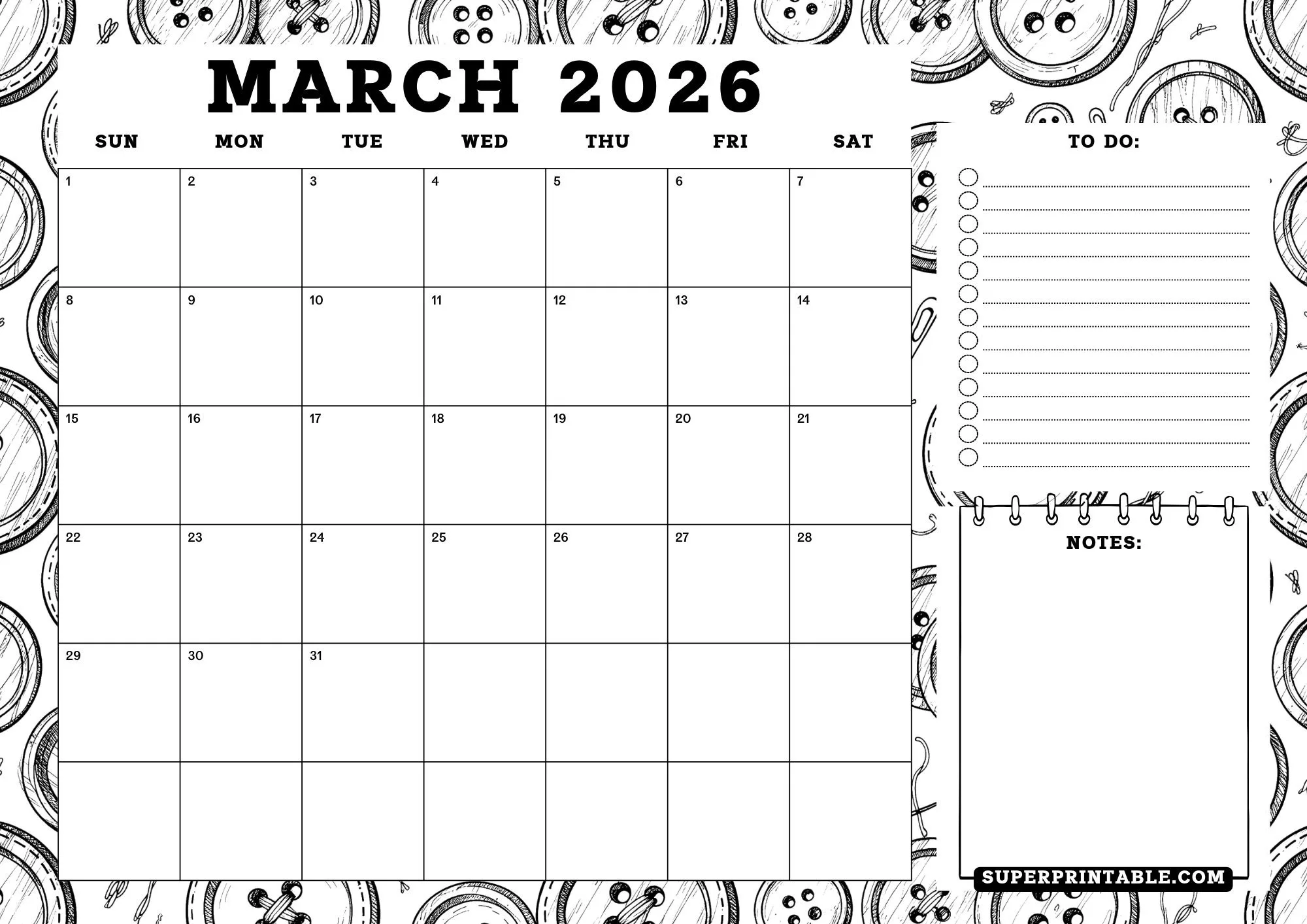 2026 Sewing Button Coloring Calendar With Planner Landscape 3