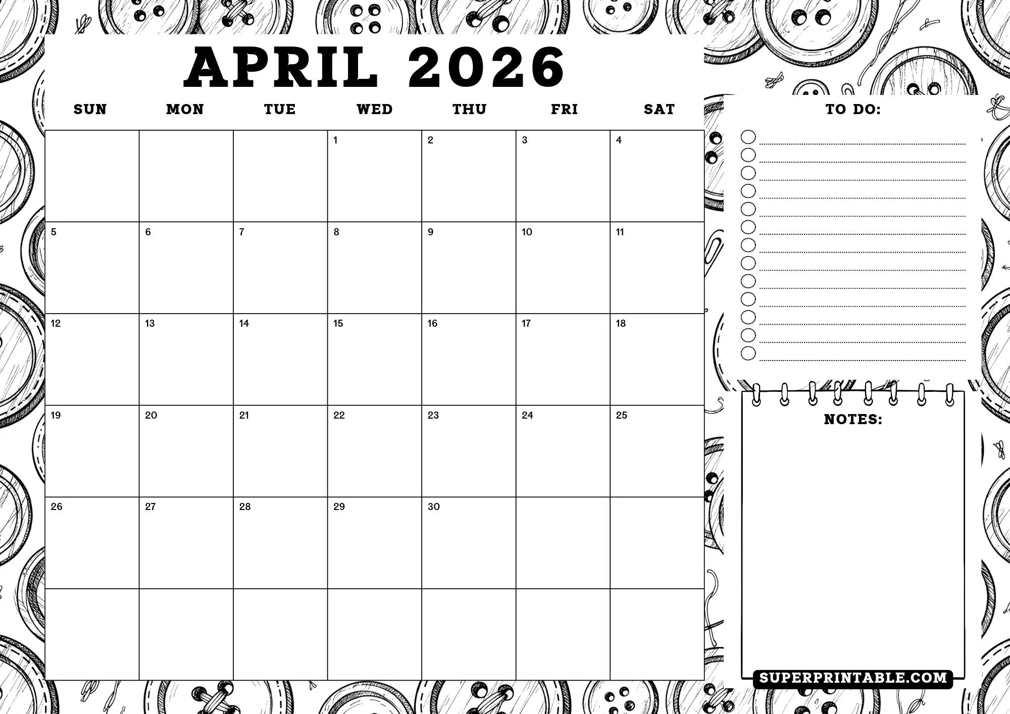 2026 Sewing Button Coloring Calendar With Planner Landscape 4