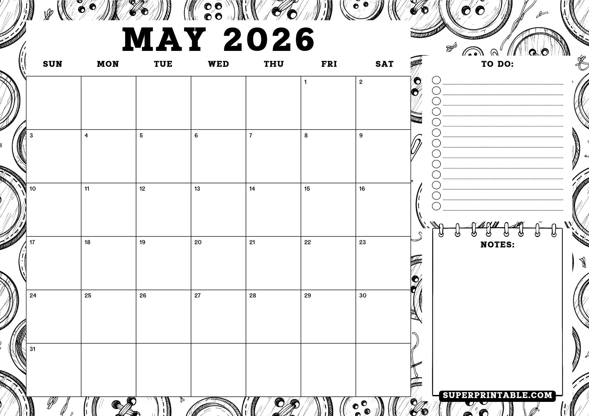 2026 Sewing Button Coloring Calendar With Planner Landscape 5