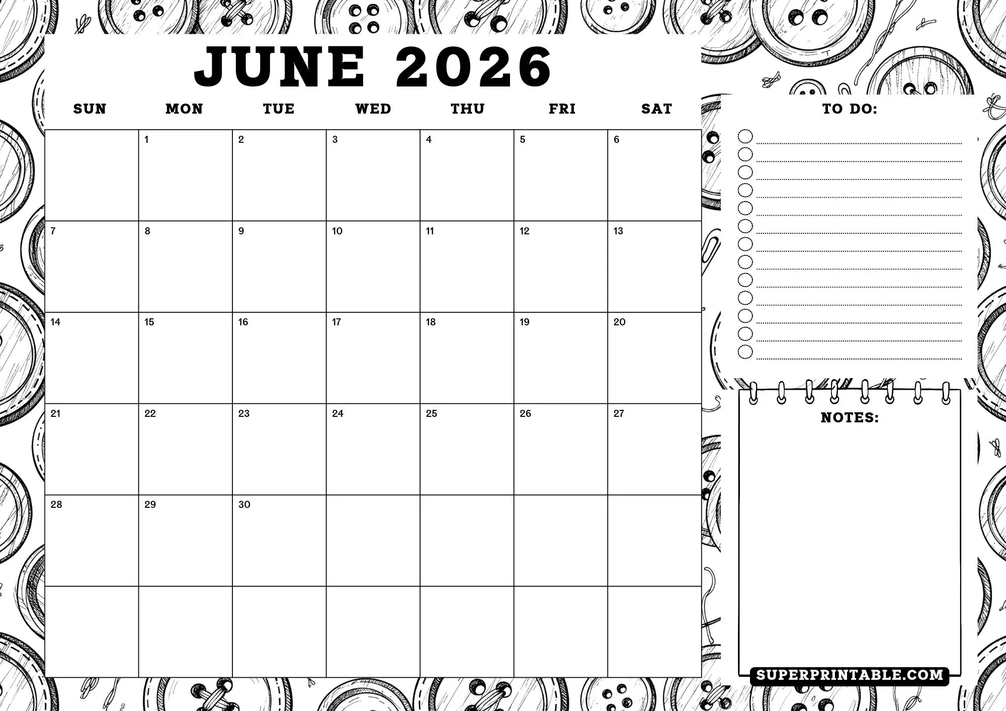 2026 Sewing Button Coloring Calendar With Planner Landscape 6
