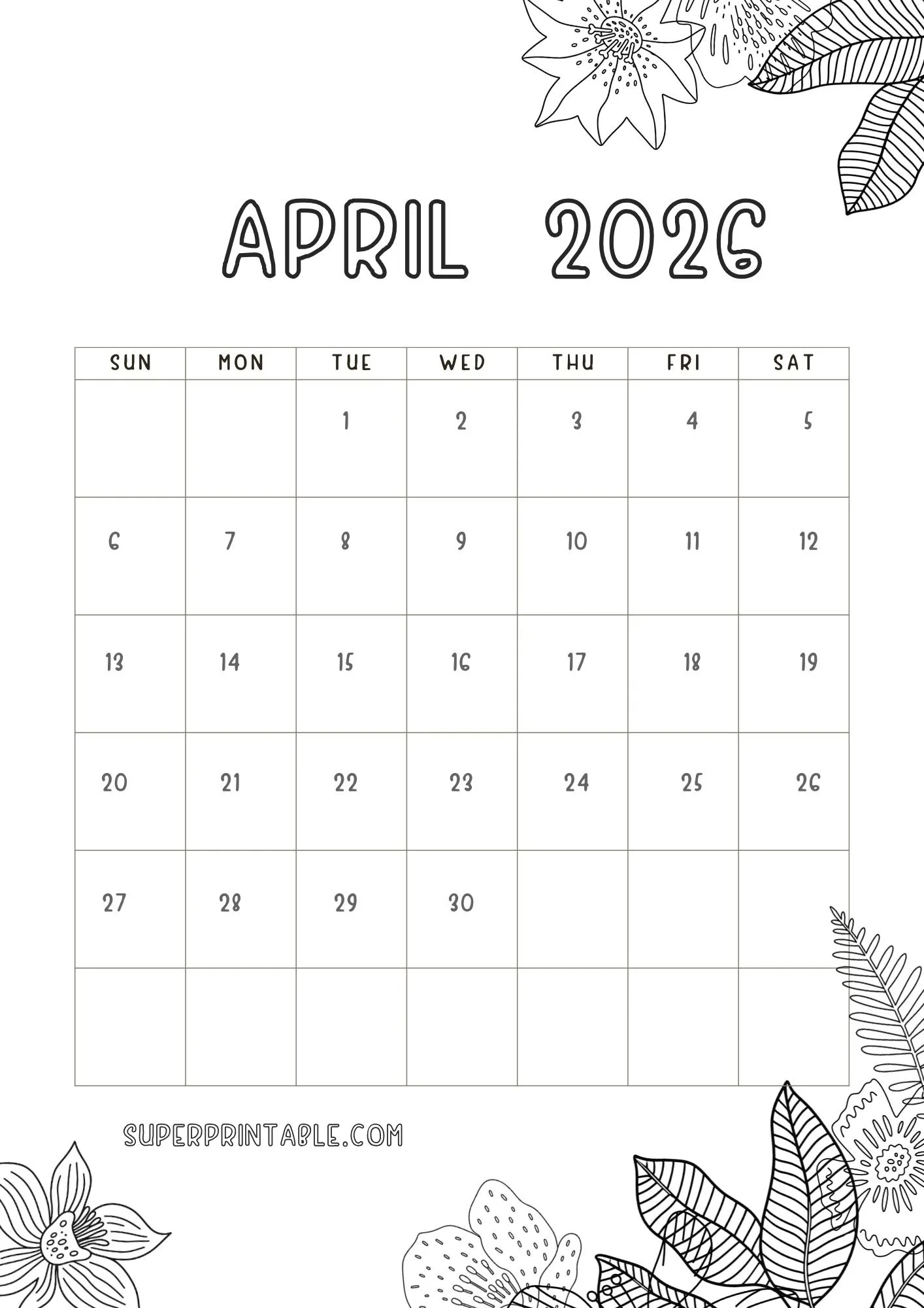 April Coloring Calendar 2026 1