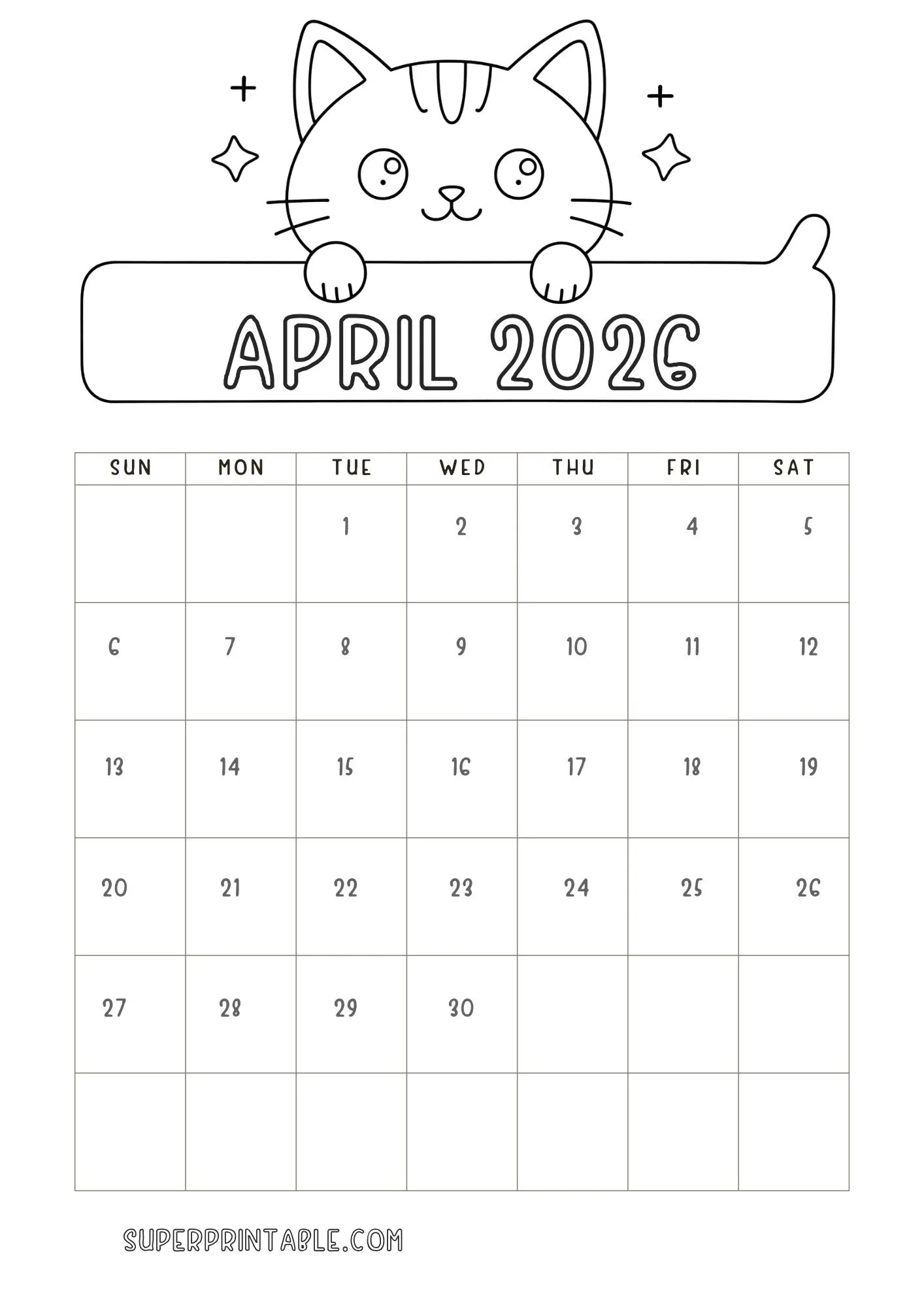 April Coloring Calendar 2026 2