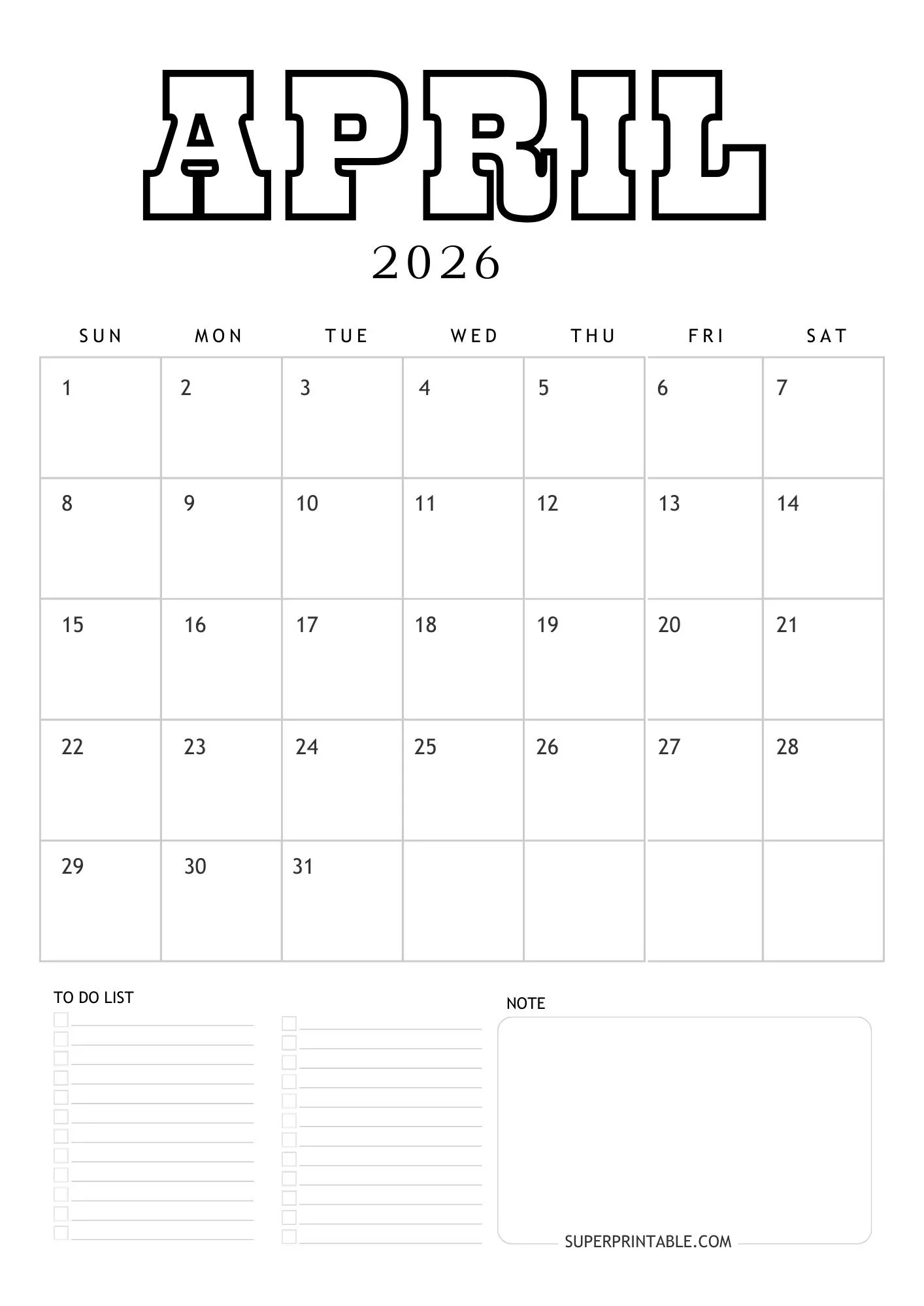 April Coloring Calendar 2026 4