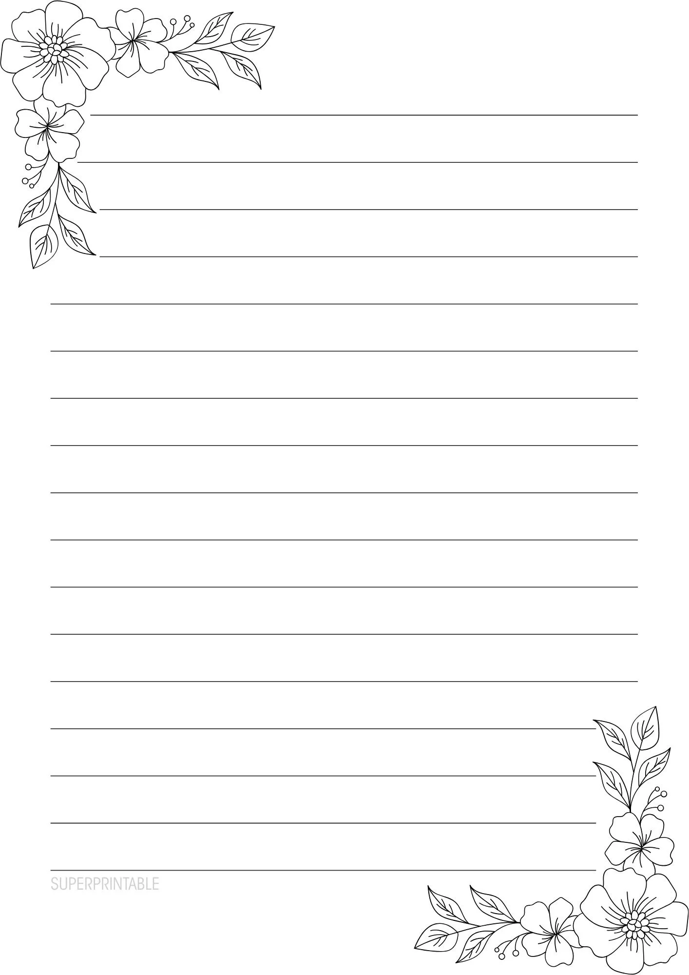 Black and White Floral Corner Writing Paper Printable 1