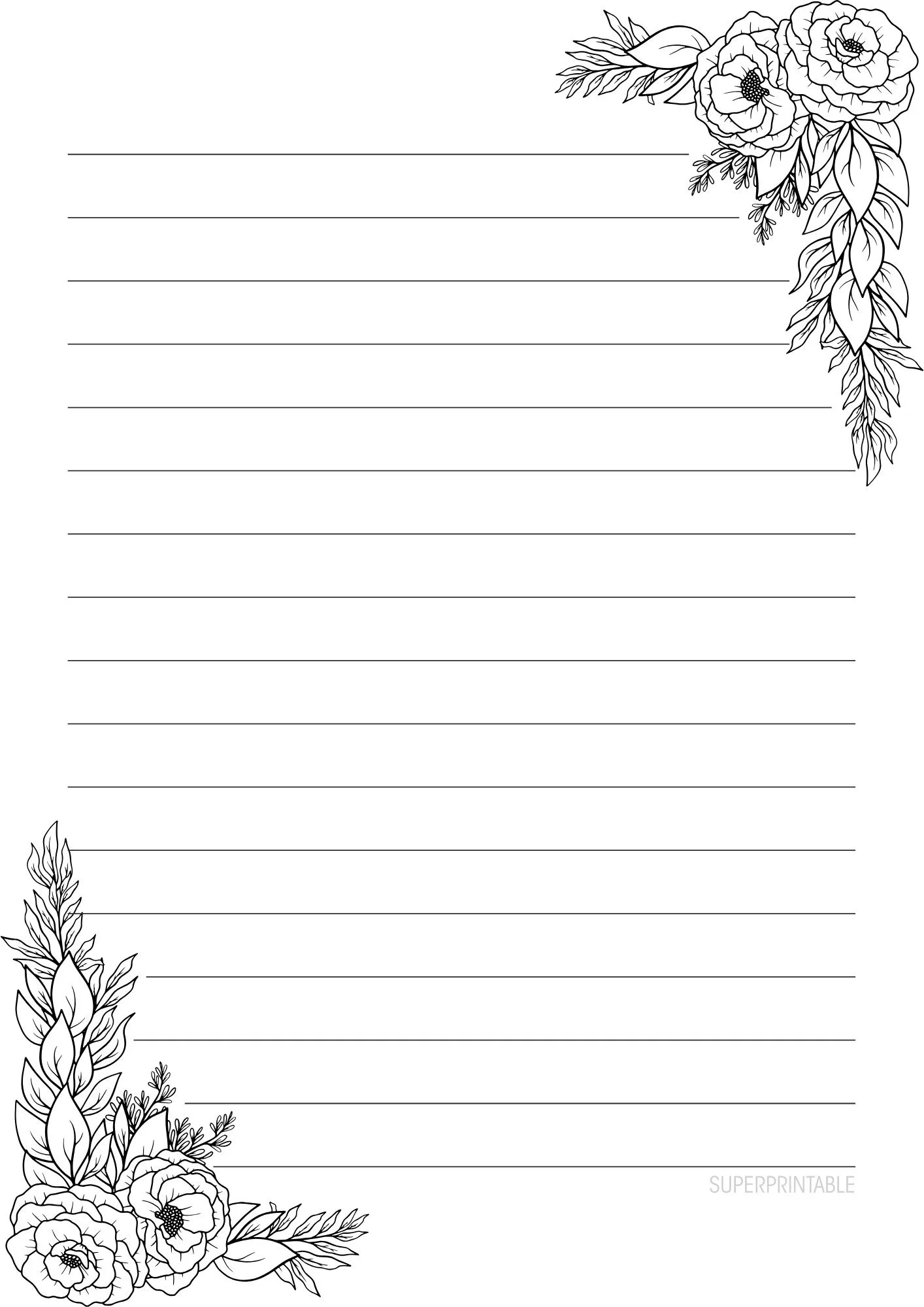 Black and White Floral Corner Writing Paper Printable 2