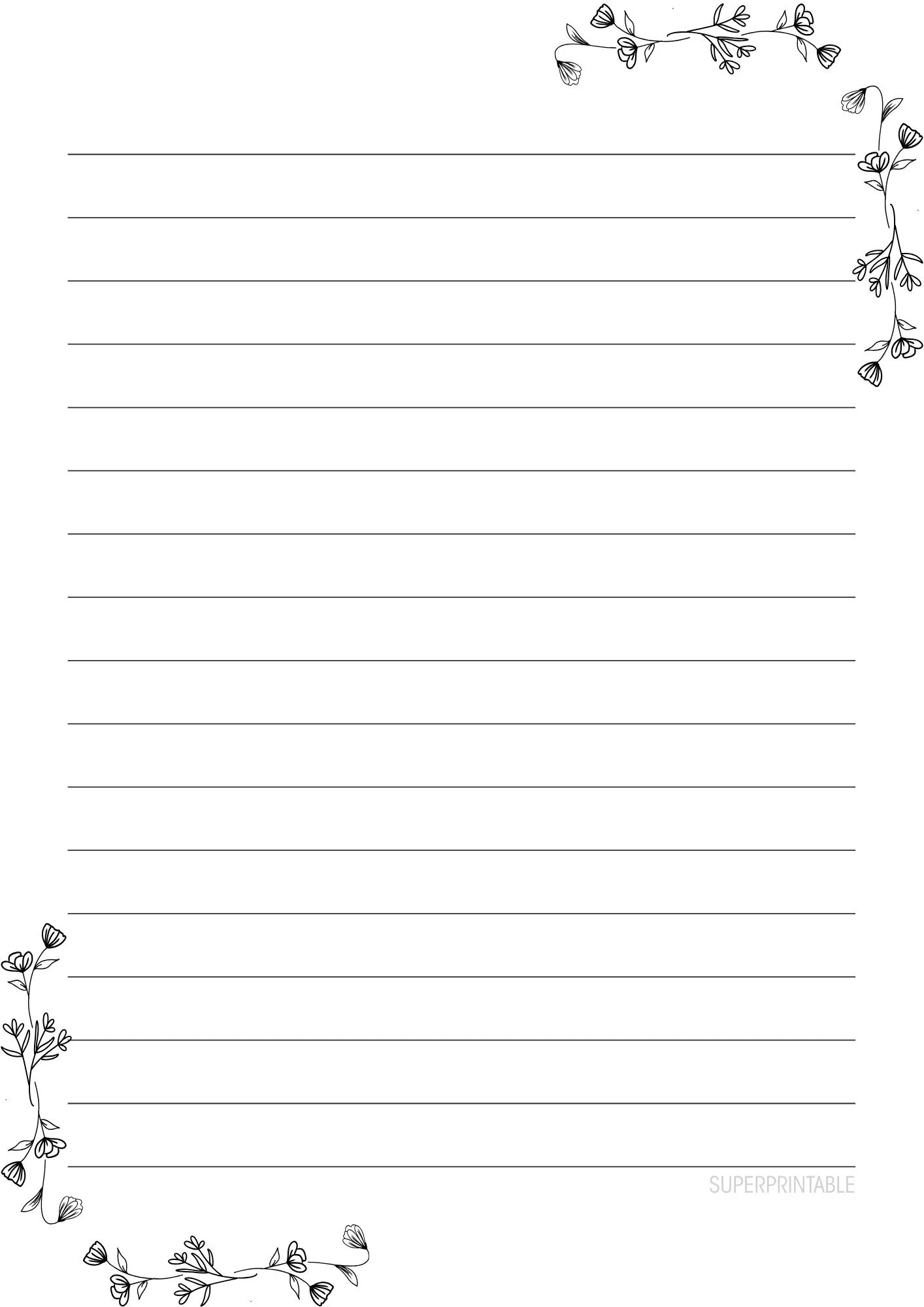 Black and White Floral Corner Writing Paper Printable 3
